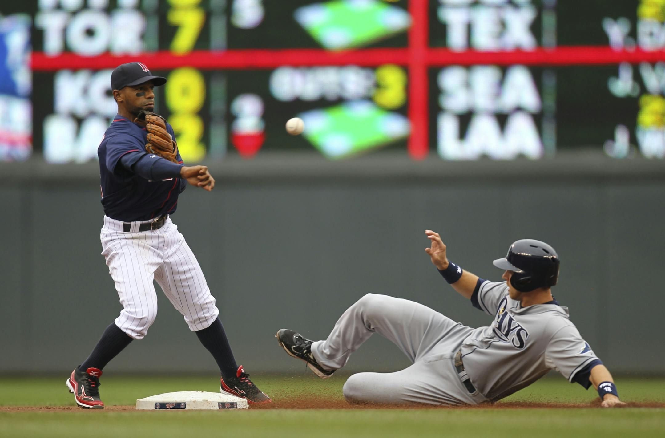Minnesota second baseman Alexi Casilla threw to first to complete the double play, after forcing Ben Zobrist at second, in the first inning.