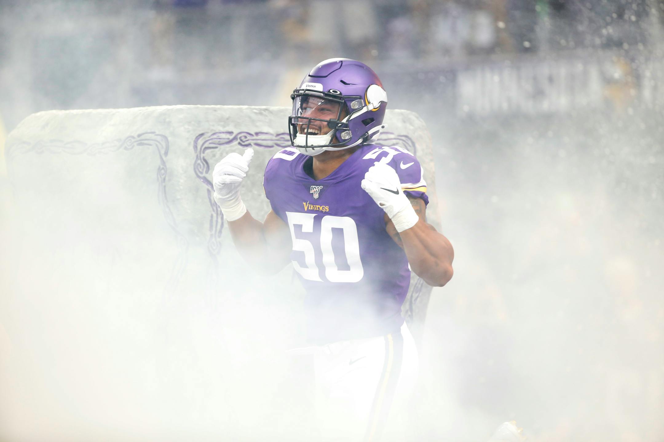 Minnesota Vikings linebacker Eric Wilson runs onto the field before an NFL football game against the Atlanta Falcons, Sunday, Sept. 8, 2019, in Minneapolis. (AP Photo/Bruce Kluckhohn)
