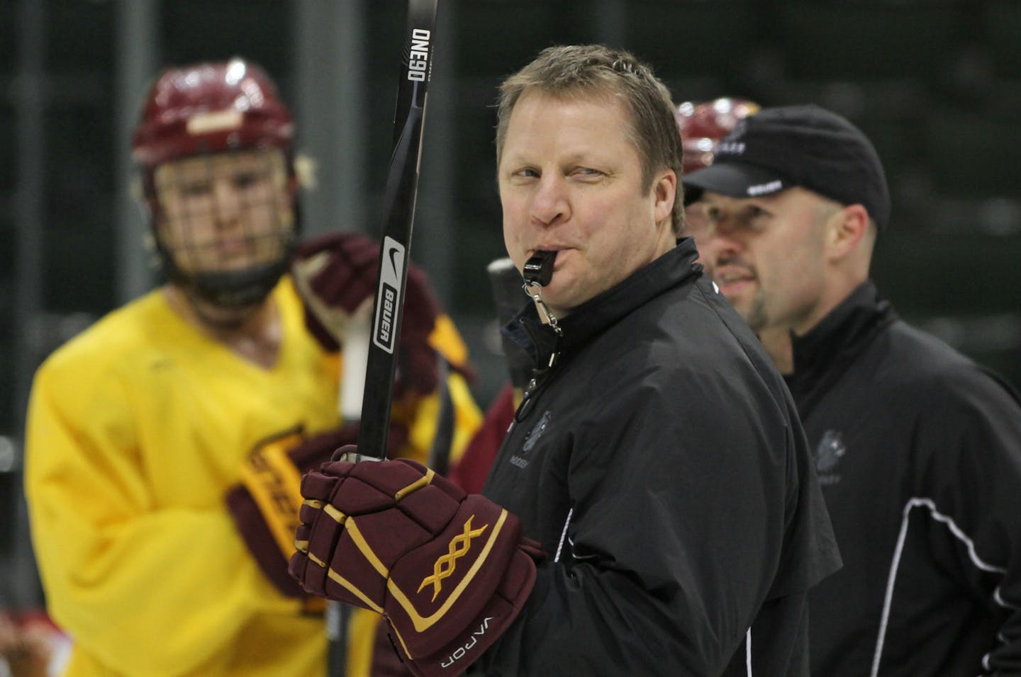 BRUCE BISPING &#x201a;&#xc4;&#xa2; bbisping@startribune.com St. Paul, MN., Wednesday, 4/6/11] NCAA Frozen Four Practices. The University of Minnesota Bulldogs Head Coach Scott Sandelin ran drills during practice at the Xcel Center.