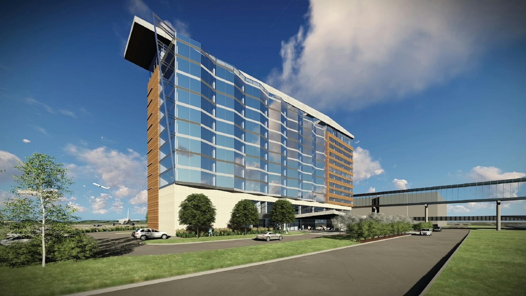 The hotel at Minneapolis/St. Paul International Airport, shown in a rendering unveiled to airport authorities on Monday, is part of $115 million makeover of the entryway to Terminal 1.