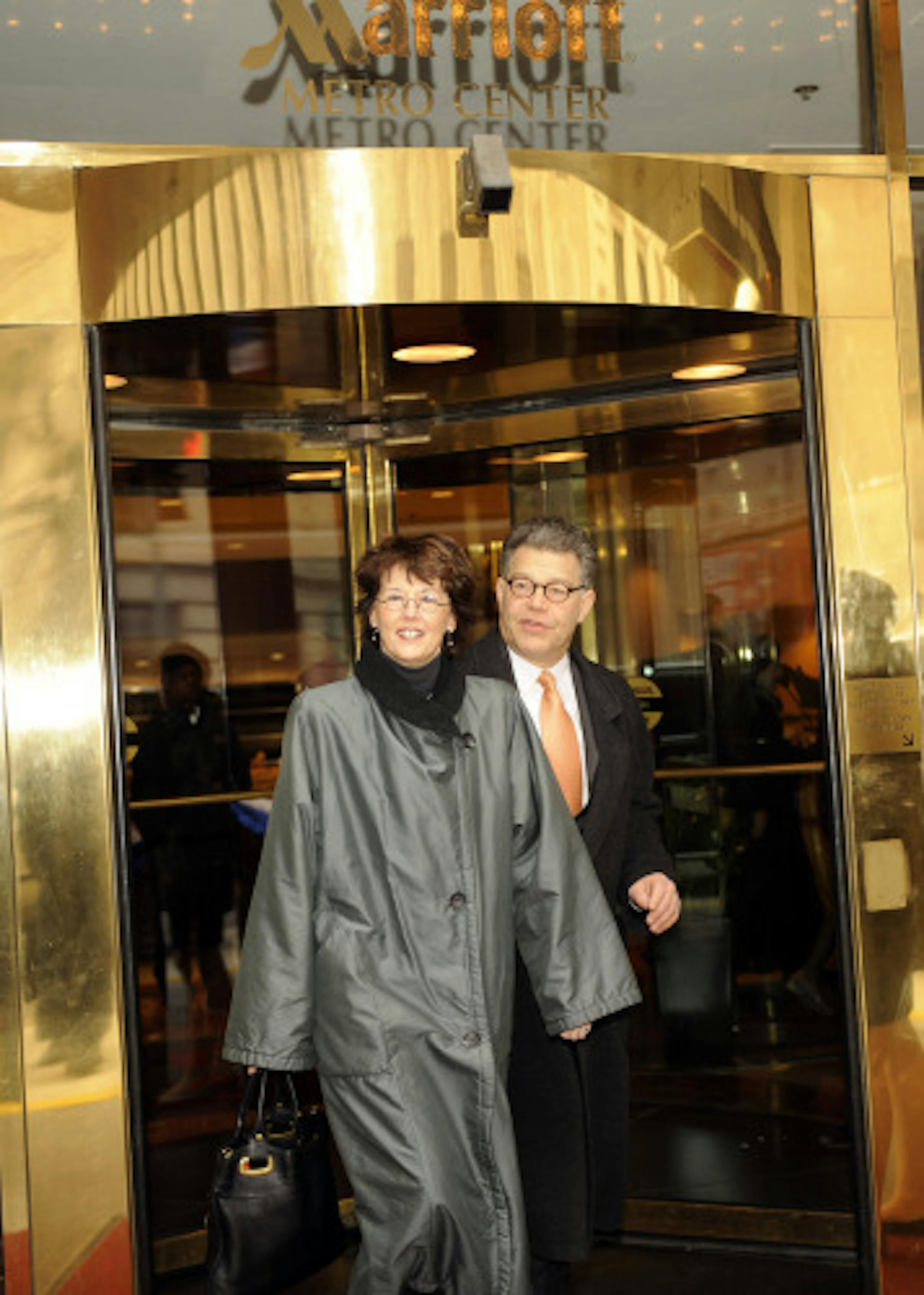 Al Franken and wife Franni leave the Marriott Metro Center in Washington D.C. on their way to attending inauguration week activites.