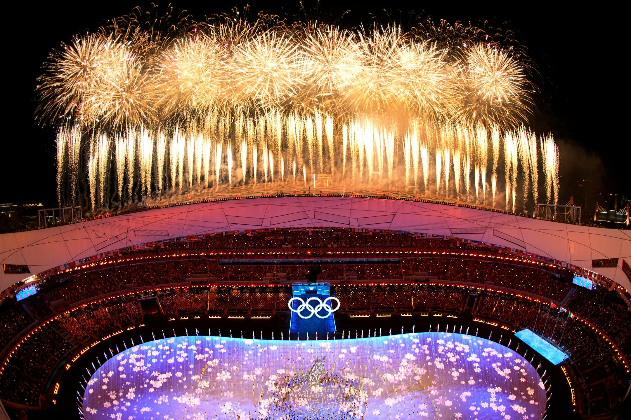 Fireworks light up the sky over Olympic Stadium during the closing ceremony of the 2022 Winter Olympics, Sunday, Feb. 20, 2022, in Beijing. (AP Photo/Jeff Roberson)