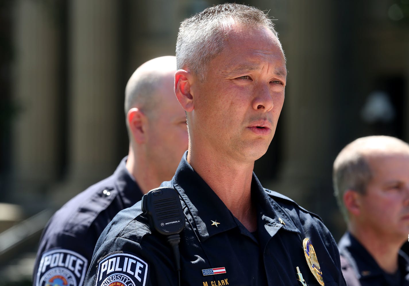 University of Minnesota Police Chief Matt Clark talked to the press about the closing of Coffman Memorial Union and arrest of a subject that allegedly left a bag holding gasoline-soaked towels and smoke flares. ] (KYNDELL HARKNESS/STAR TRIBUNE) kyndell.harkness@startribune.com Press conference at Northop Plaza at the University of Minnesota in Minneapolis, Min., Wednesday August 12, 2015.