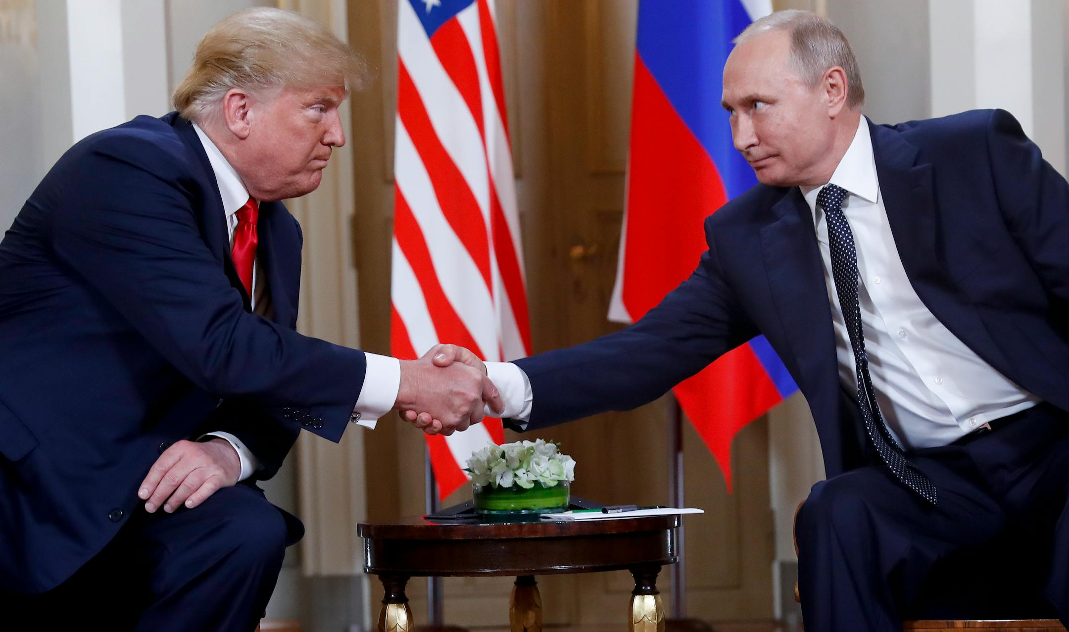 U.S. President Donald Trump and Russian President Vladimir Putin shook hands at the beginning of a meeting in Helsinki, Finland, in July 2018.