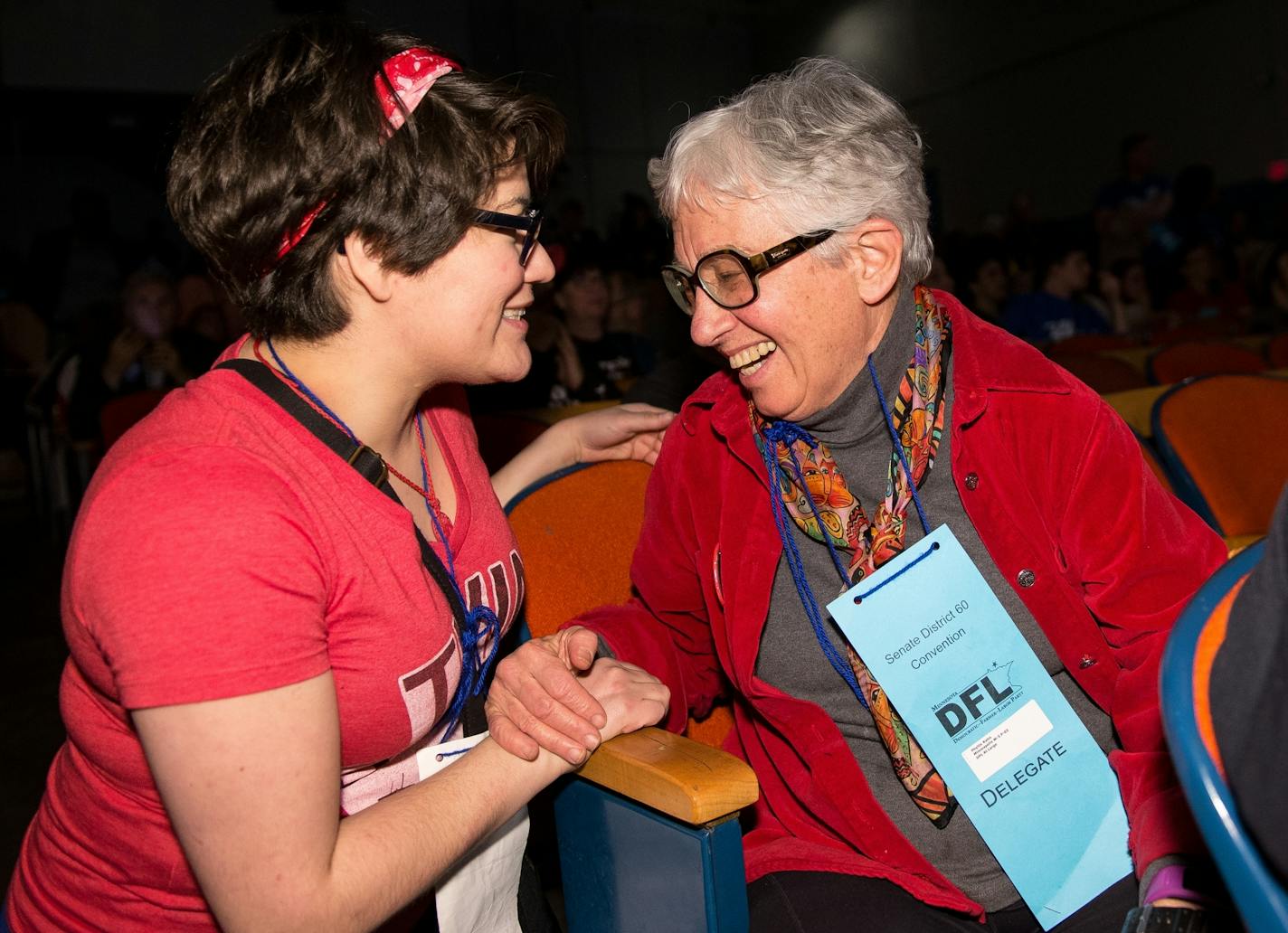 DFL Rep. Phyllis Kahn celebrated with volunteer Colie Colburn after it was announced that Ilhan Omar was unable to gain a 60% majority to earn the party's nomination after the fifth round of voting.