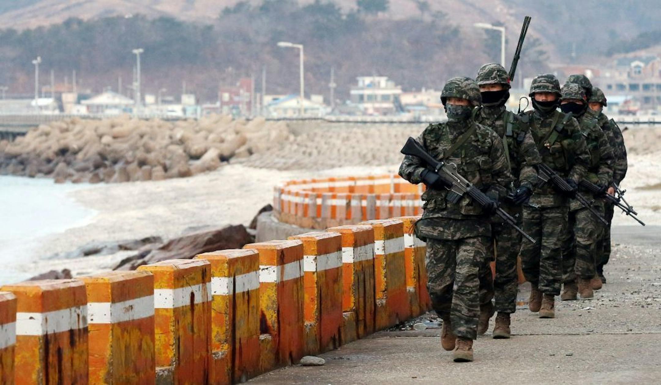 South Korean Marines patrol on Yeonpyeong Island, South Korea, Tuesday, March 12, 2013.