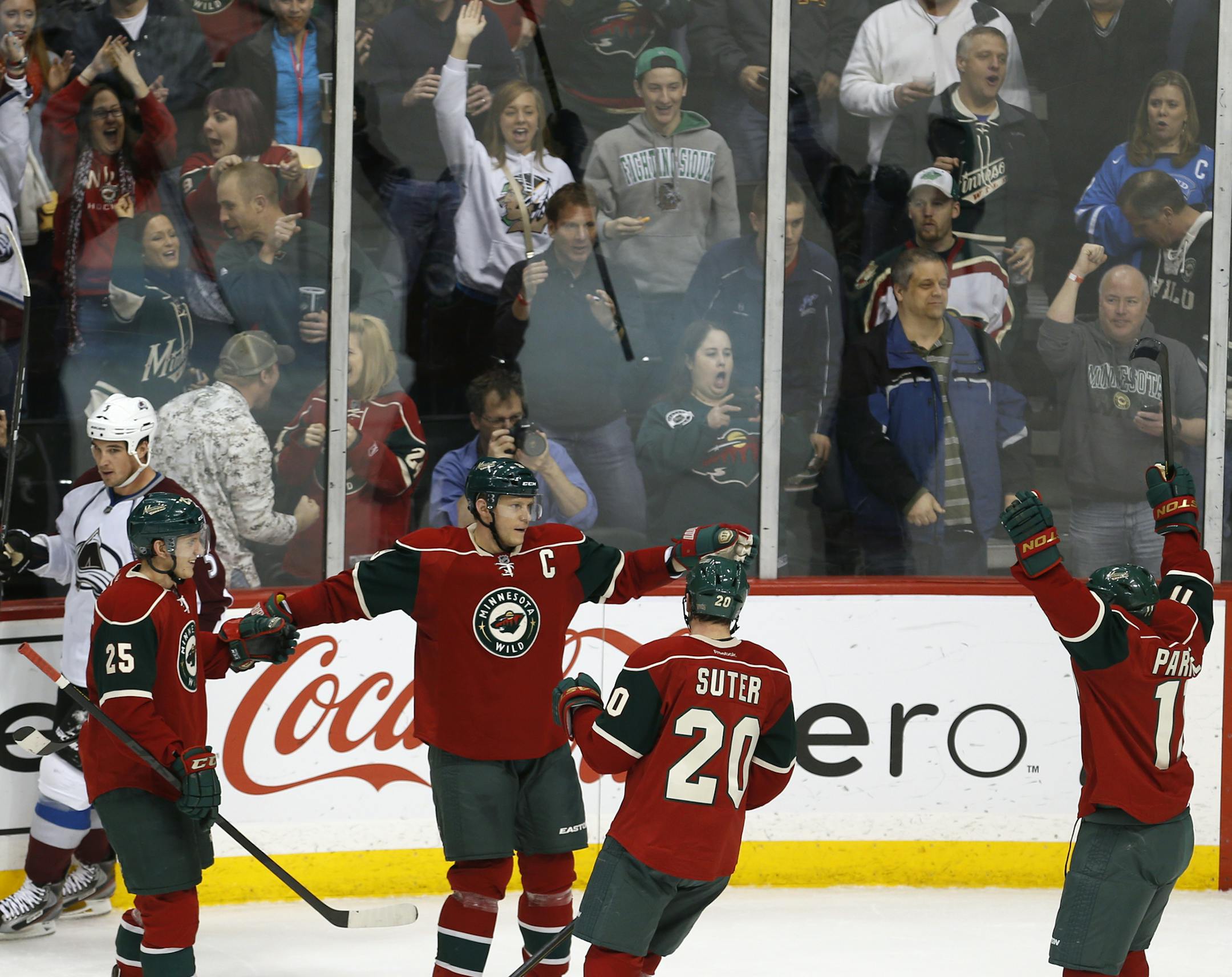At the Wild vs Avalanche game at the Xcel Center, The Wild celebrate their fourth goal of the game in the second period.]rtsong-taatarii@startribune.com