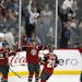 At the Wild vs Avalanche game at the Xcel Center, The Wild celebrate their fourth goal of the game in the second period.]rtsong-taatarii@startribune.c