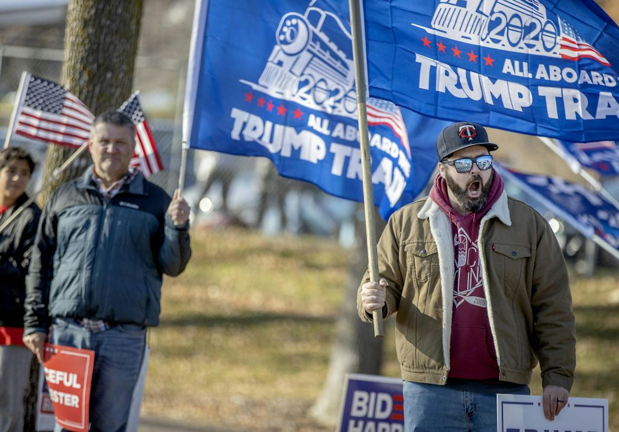Trump supporters gathered to protest against Presidential candidate Joe Biden's presence at the Minnesota State Fairgrounds for what could be a final campaign stop in Minnesota, Friday, October 30, 2020.
