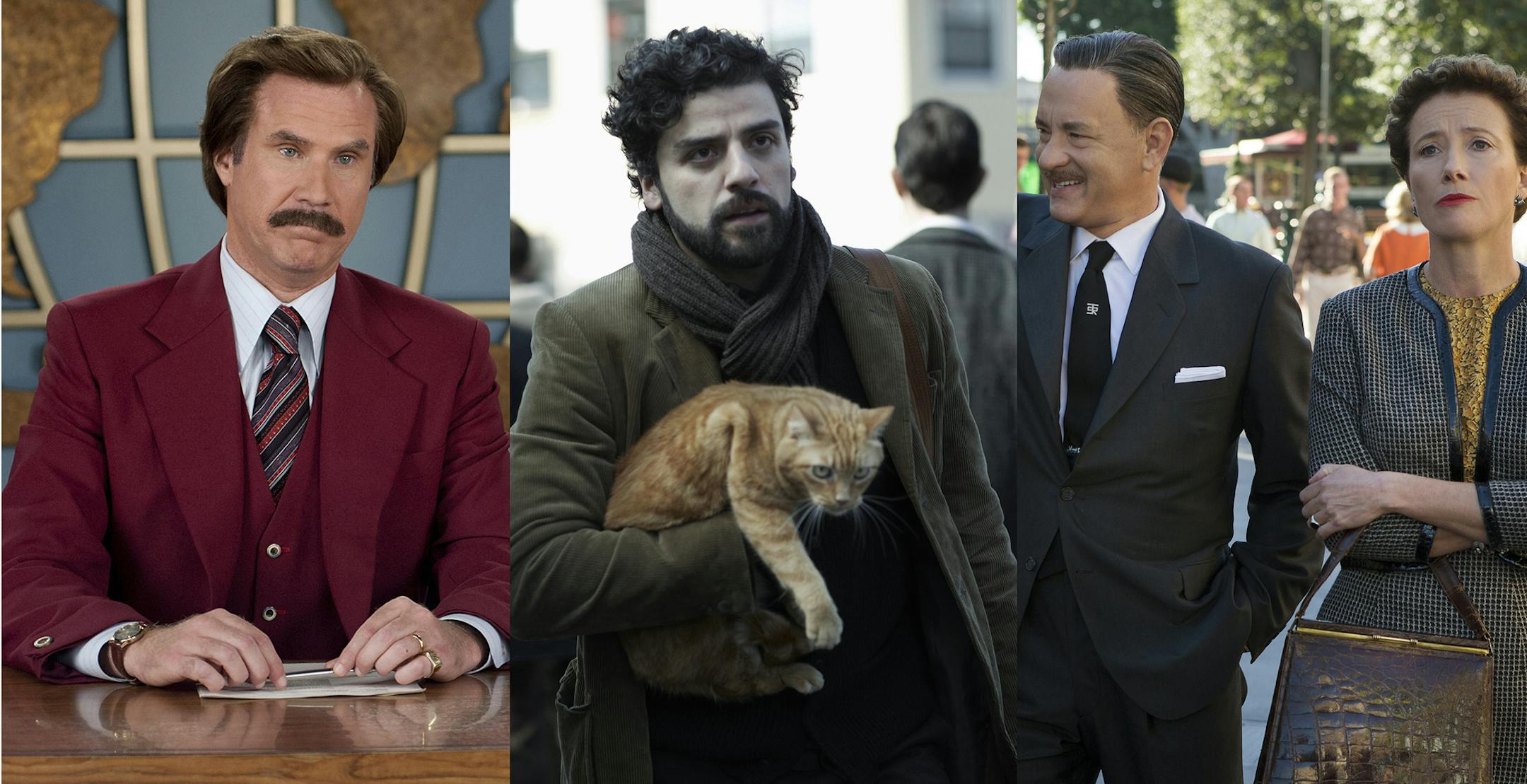 Star Tribune file photos Will Ferrell as Ron Burgundy, Anchorman 2: The Legend Continues, Oscar Isaac in a scene from Inside Llewyn Davis and Tom Hanks as Walt Disney, left, and Emma Thompson as author P.L. Travers in a scene from "Saving Mr. Banks." ORG XMIT: MIN2013121818081203