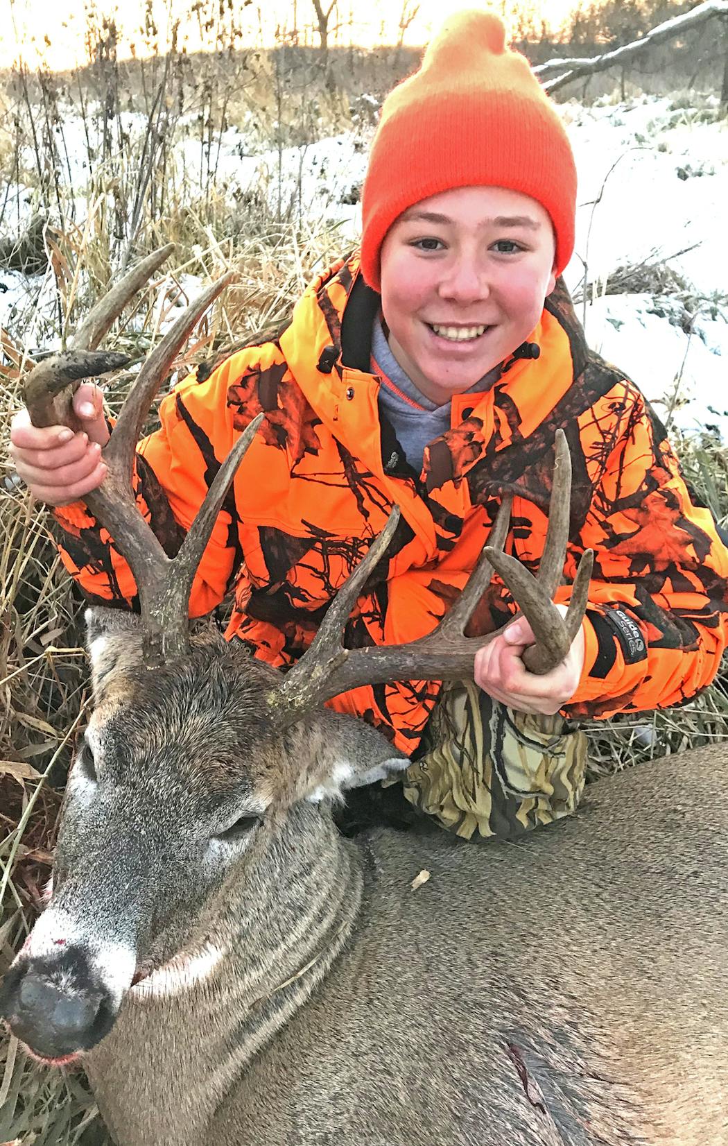 Gavin James Rowe, 14, of Plymouth, harvested his first buck ever, a 10-pointer, on opening morning of the firearms season, then followed up 20 minutes later with his first doe ever, all while hunting with his dad, Steve, on his grandfather James Rowe’s farm in southern Minnesota.