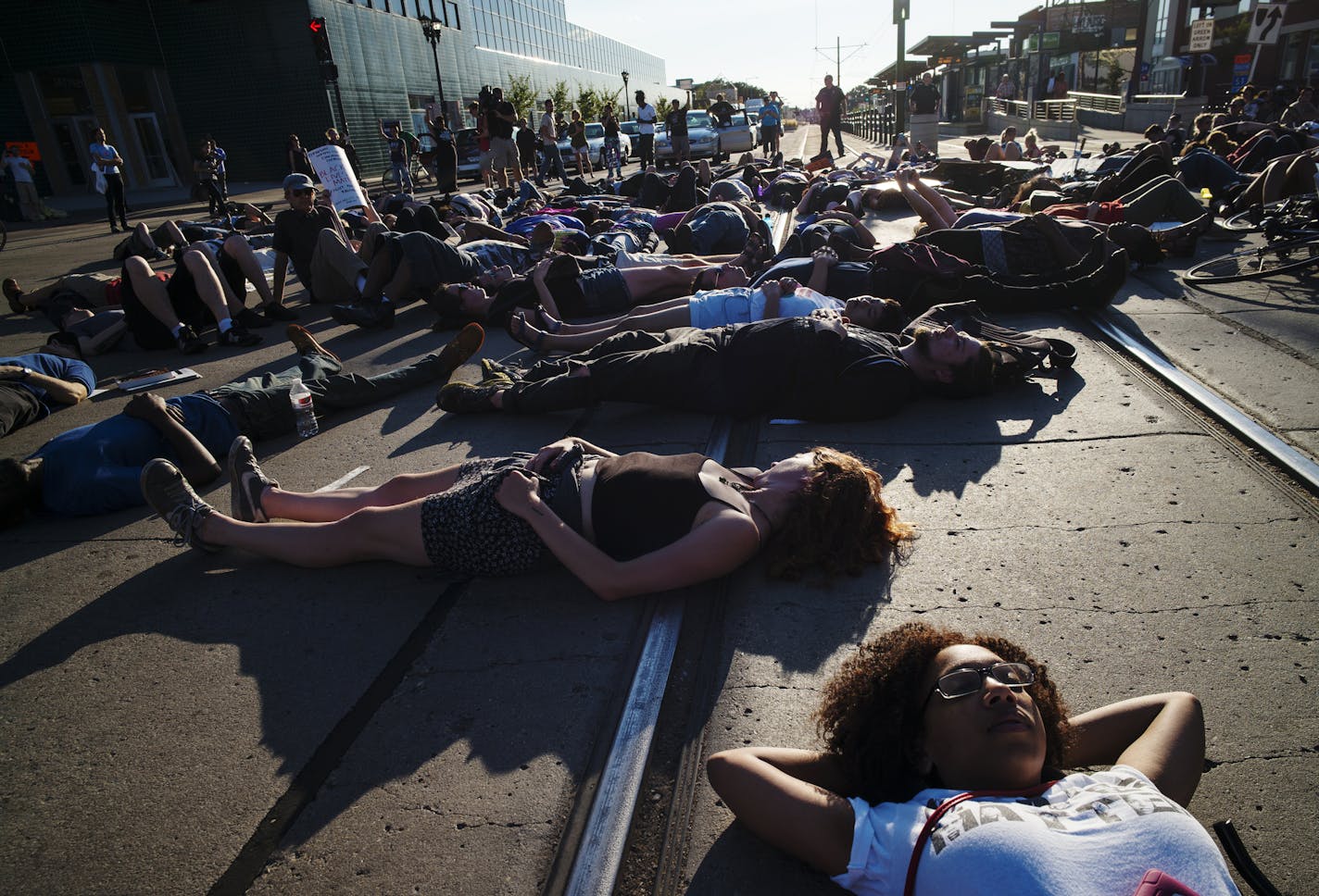 A Black Lives Matter protest that began in Hamline Park in St. Paul arrived at University Ave. and Snelling on Monday, Aug. 10, 2015, where protesters staged a "die-in," blocking Green Line trains for about 15 minutes.