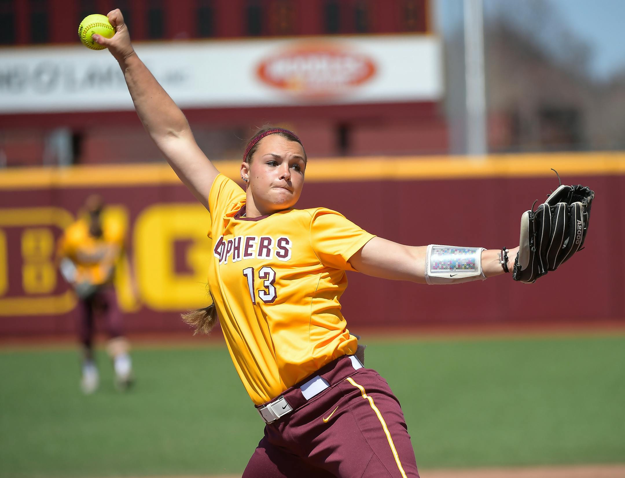 Minnesota starting pitcher Amber Fiser (13) threw a pitch in the second inning against Wisconsin. ] AARON LAVINSKY • aaron.lavinsky@startribune.com The University of Minnesota Golden Gophers softball team played the University of Wisconsin Badgers in a double header Wednesday, April 25, 2018 at Jane Sage Cowles Stadium in Minneapolis, Minn. ORG XMIT: MIN1804251455160557 ORG XMIT: MIN1902181645511956