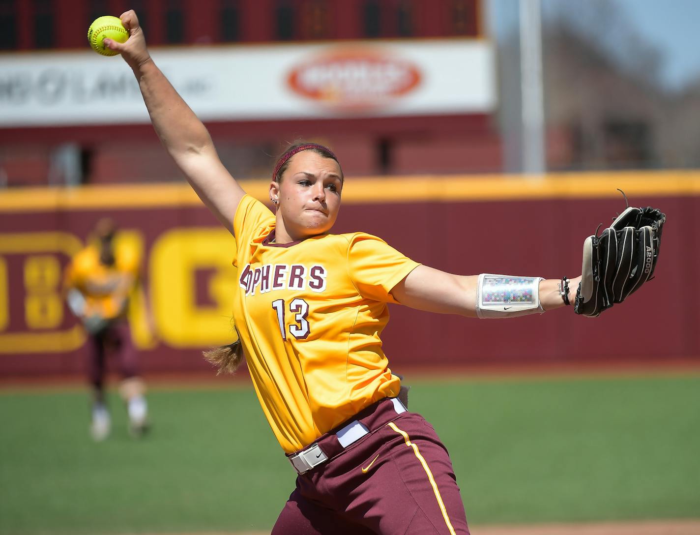 Minnesota starting pitcher Amber Fiser (13) threw a pitch in the second inning against Wisconsin. ] AARON LAVINSKY &#x2022; aaron.lavinsky@startribune.com The University of Minnesota Golden Gophers softball team played the University of Wisconsin Badgers in a double header Wednesday, April 25, 2018 at Jane Sage Cowles Stadium in Minneapolis, Minn. ORG XMIT: MIN1804251455160557 ORG XMIT: MIN1902181645511956