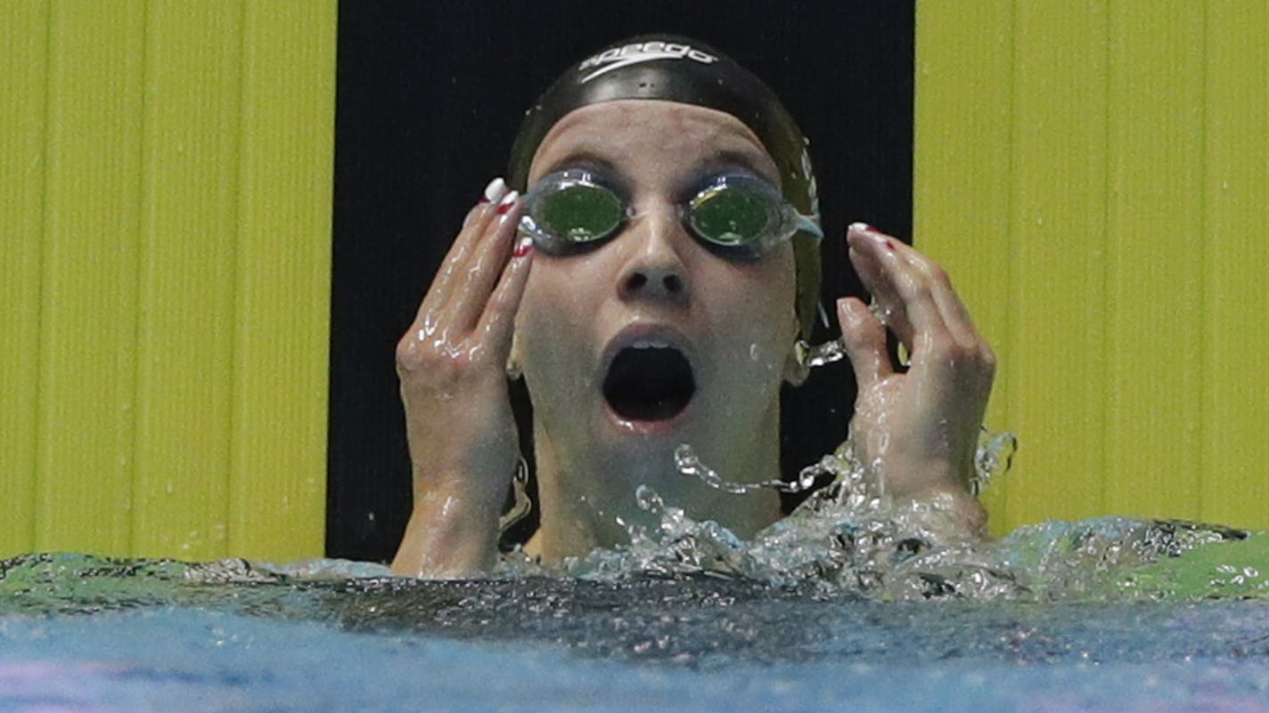 United States' Regan Smith reacts after her women's 200m backstroke semifinal at the World Swimming Championships in Gwangju, South Korea, Friday, July 26, 2019. (AP Photo/Mark Schiefelbein)