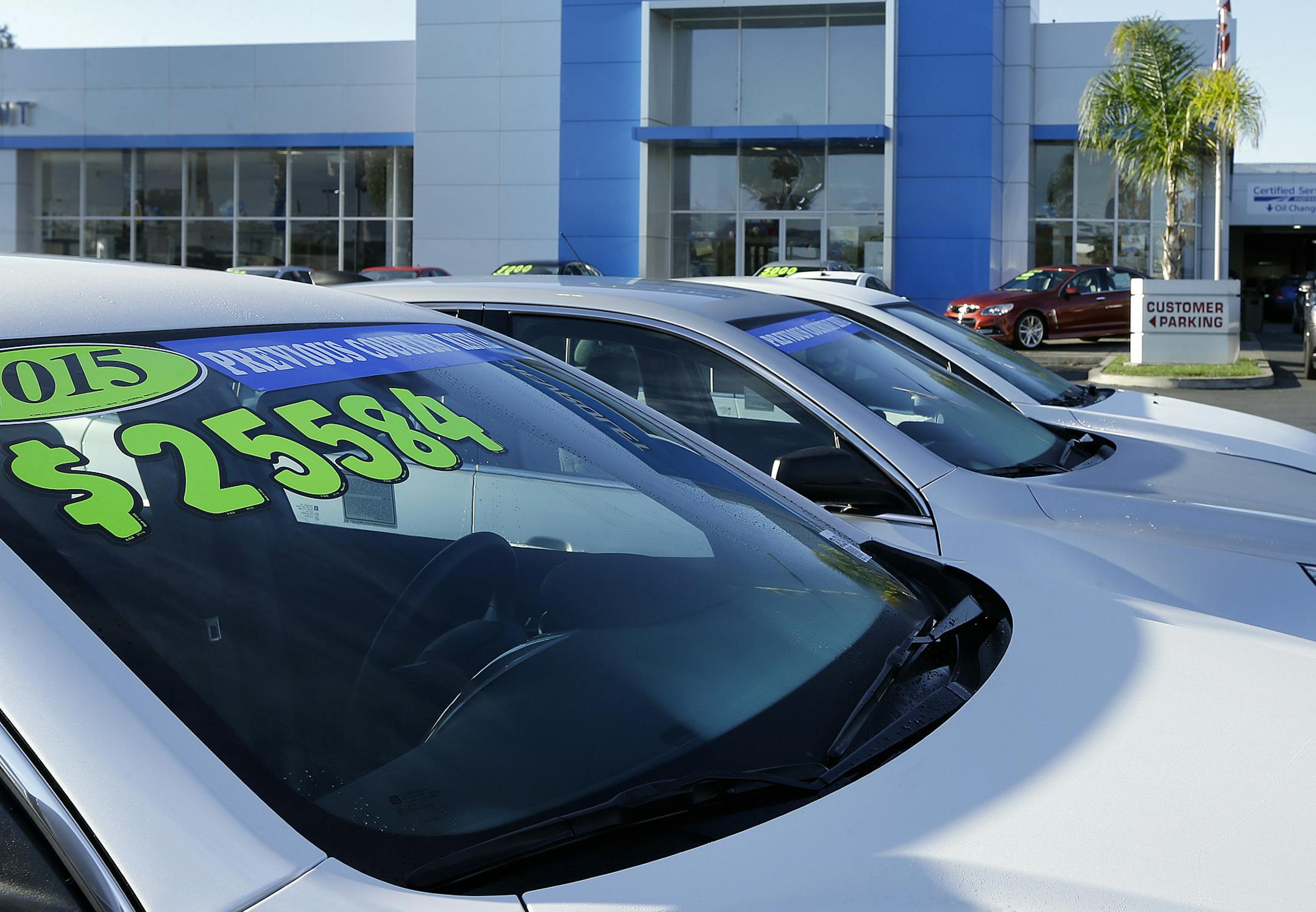 FILE - In this Nov. 7, 2015 file photo, Chevrolet vehicles are fo sale at a dealership in Fremont, Calif. General Motors says its U.S. sales fell 1.7 percent last month as all brands but Buick reported declines. The Detroit automaker, the first to report on Tuesday, Nov. 1, 2016, says it sold nearly 259,000 cars and trucks in October. But it increased retail sales to individual buyers by 3 percent. GM has been shunning low-profit sales to rental car companies in favor of more lucrative retail sa