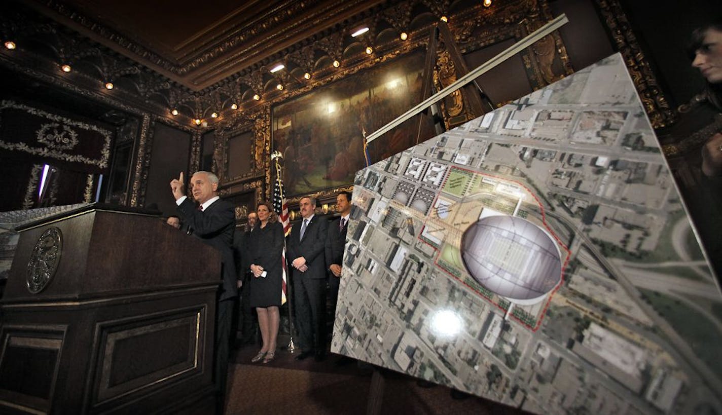 Gov. Mark Dayton stressed a point as he addressed reporters at the news conference regarding the agreement to build a new stadium on the current Metrodome site