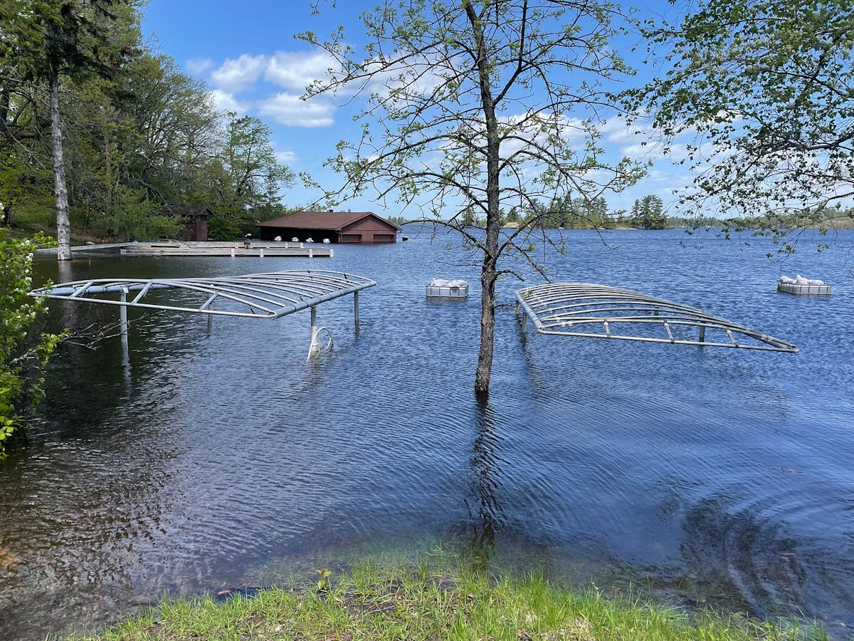 The flood of 2022 has inundated Rainy Lake and other waters in the Rainy Lake Watershed, including these boat lifts.