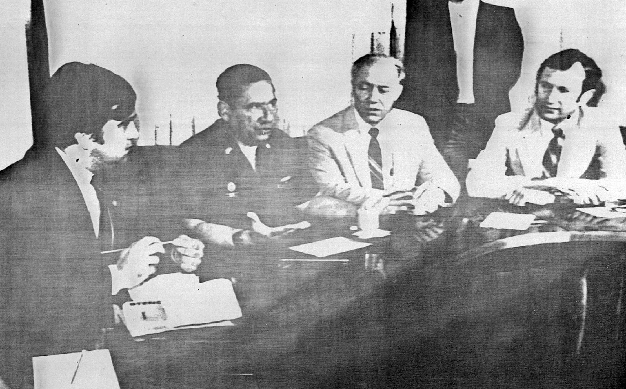 March 28, 1983 Guillermo Garcia, seconds form left, explains a point too U.S. representatives during a news conference in San Salvador Monday. Representatives Bill Richardson. left D-N.M. James Oberstar, second from right. D-Minn. and James Jeffords. R-Vt., said that human rights in EL Salvador were getting worse. AP Laserphoto