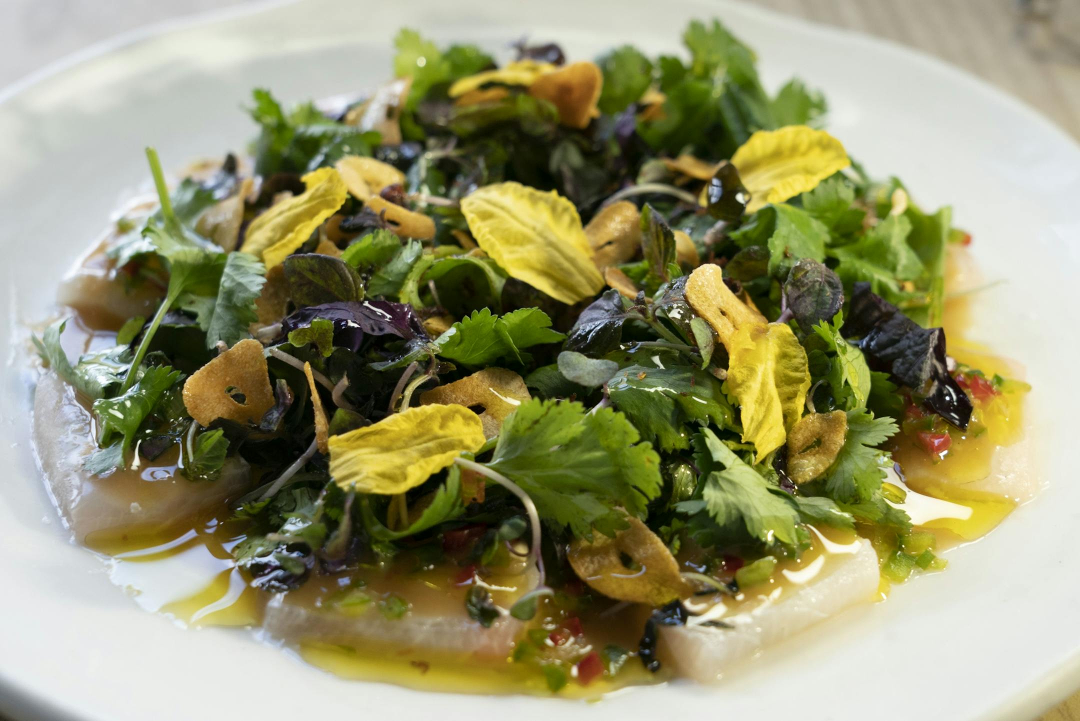 King Makerel Aguachile tamarind, fresno, cilantro, red shiso, crispy chapulines.