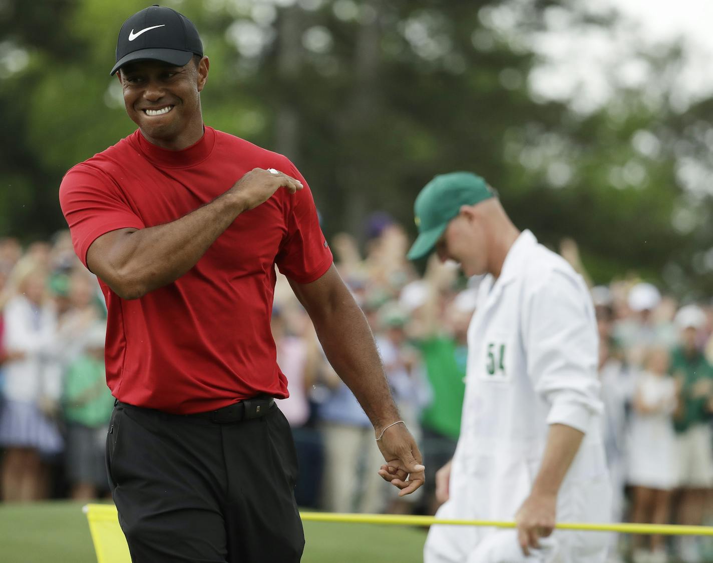 Tiger Woods reacts as he wins the Masters golf tournament Sunday, April 14, 2019, in Augusta, Ga. (AP Photo/Chris Carlson)