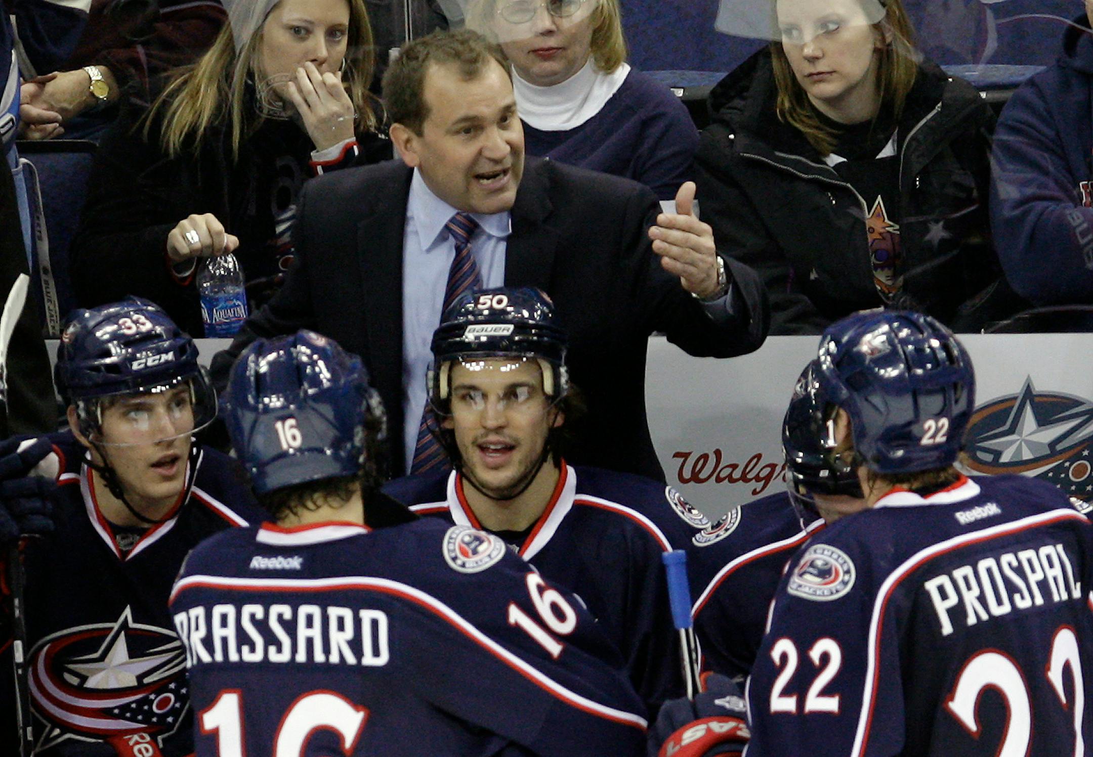 Columbus Blue Jackets' interim head coach Todd Richards talks to his team during a time out against the Phoenix Coyotes during the third period of an NHL hockey game Friday, Jan. 13, 2012, in Columbus, Ohio. The Blue Jackets beat the Coyotes 4-3. (AP Photo/Jay LaPrete)