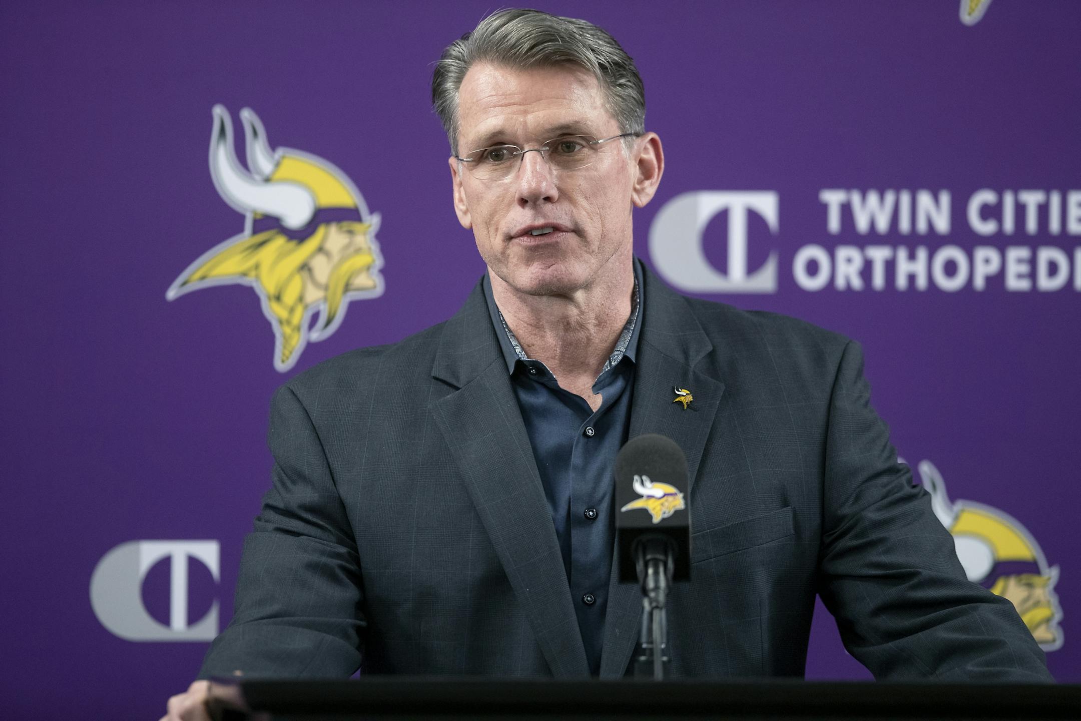 Vikings General Manager Rick Spielman addressed the media during a press conference at the Twin Cities Orthopedic Center, Tuesday, April 16, 2019 in Eagan, MN.