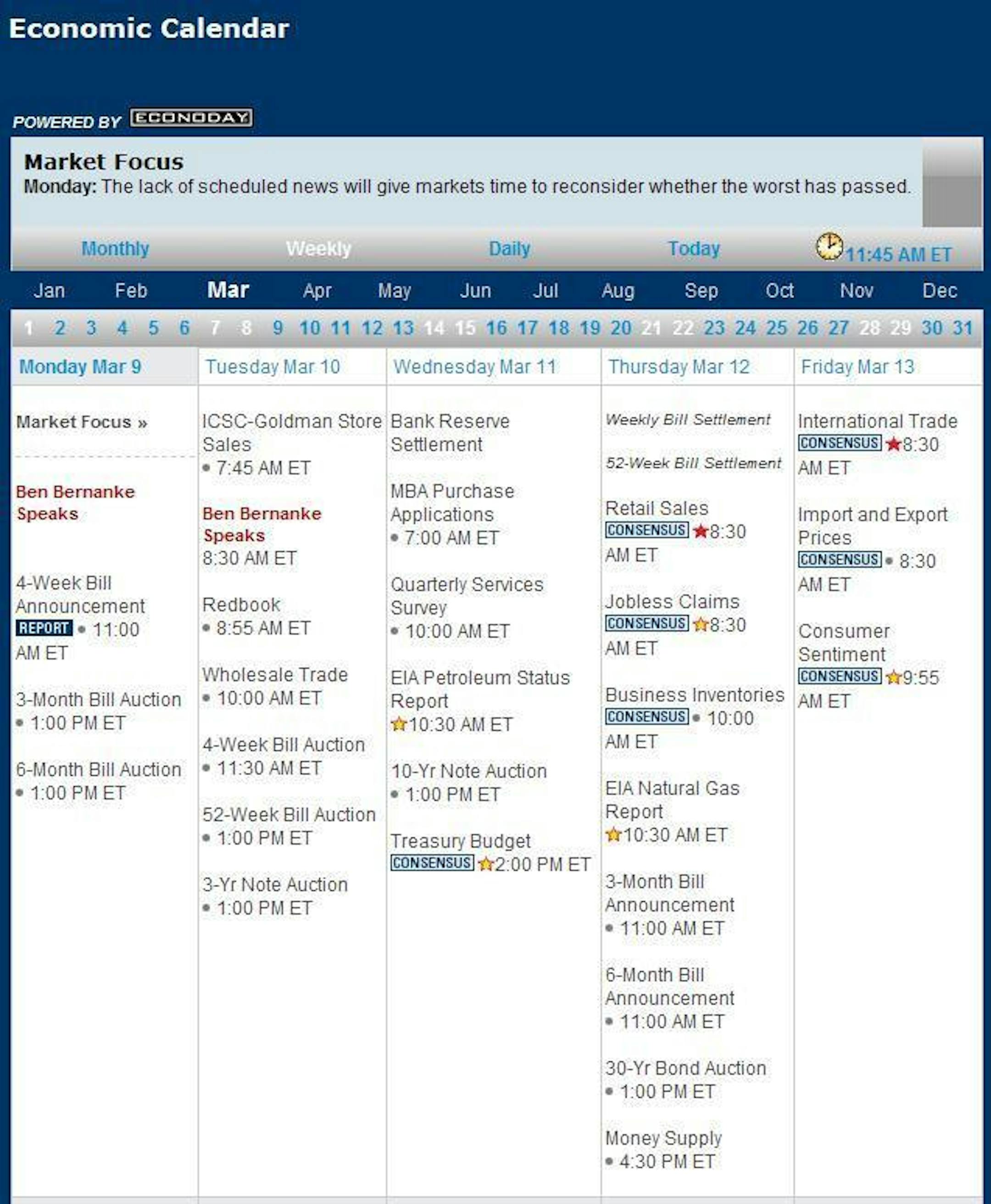 This week's calendar of economic news, courtesy of Bloomberg.