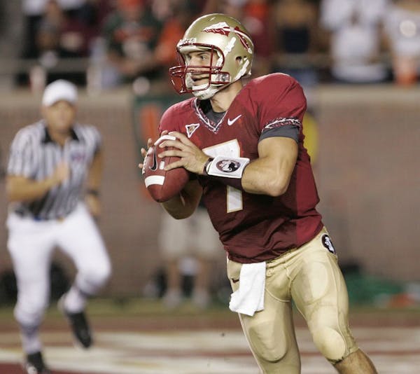 Florida State quarterback Christian Ponder scrambles while looking for a receiver during an NCAA football game against Miami, Monday, Sept. 7, 2009, i