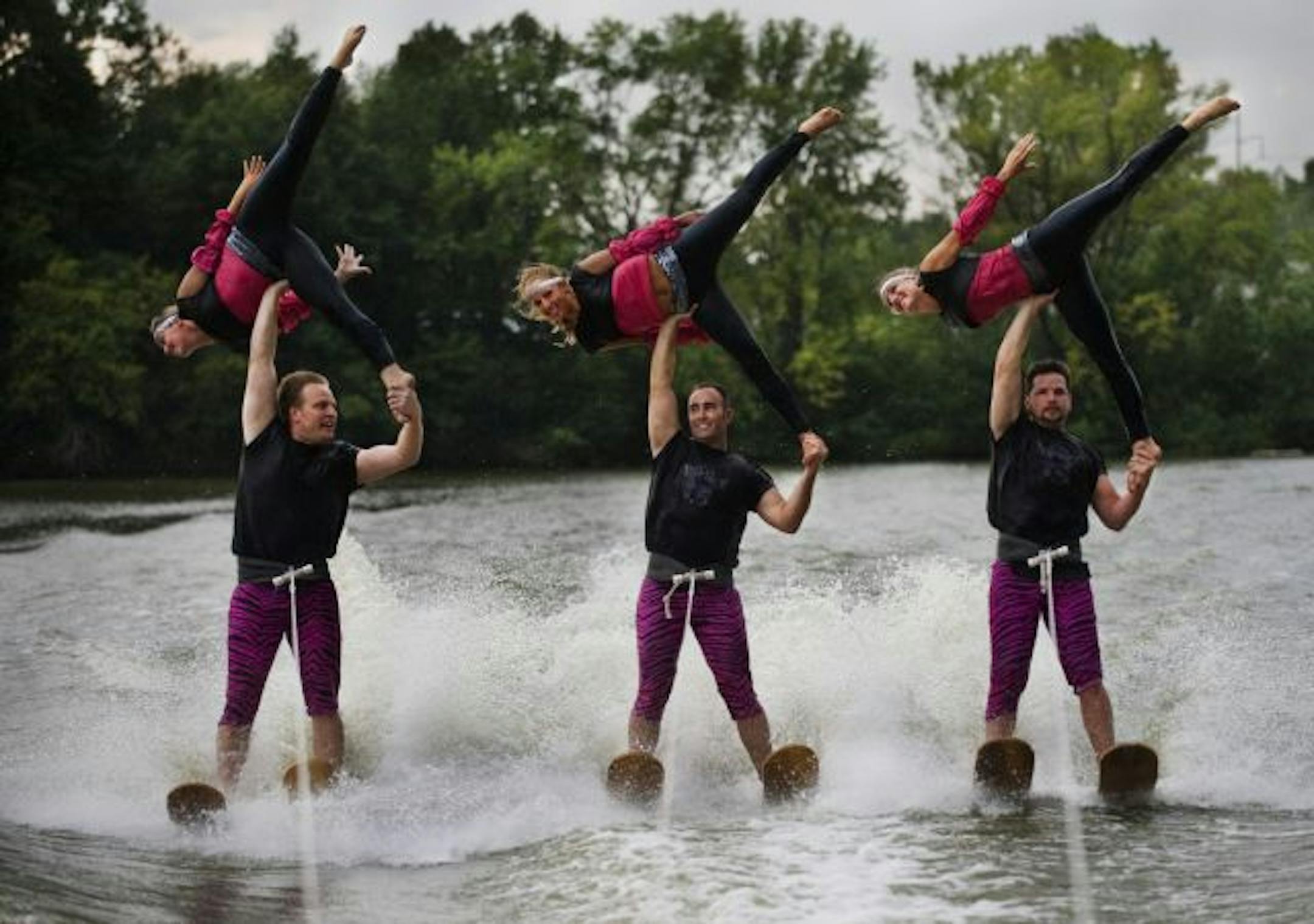 The Ski Otter's Water Ski Team 3 pair of doubles practicing on Goose Lake near White Bear Lake.