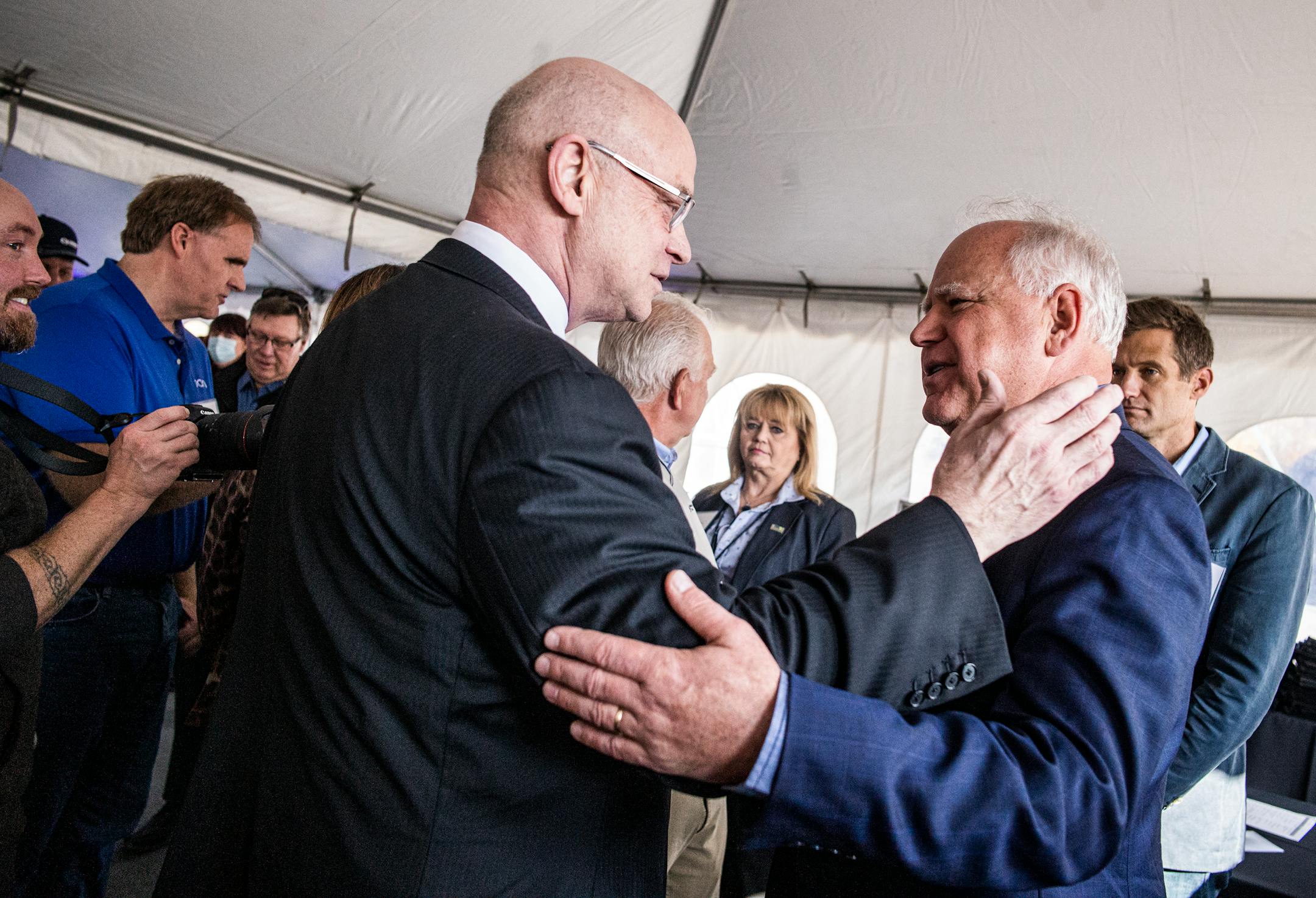 US Steel CEO David Burritt greets Governor Tim Walz at an event to celebrate US Steel's investment in a $150 million DR grade pellet plant in Keewatin.