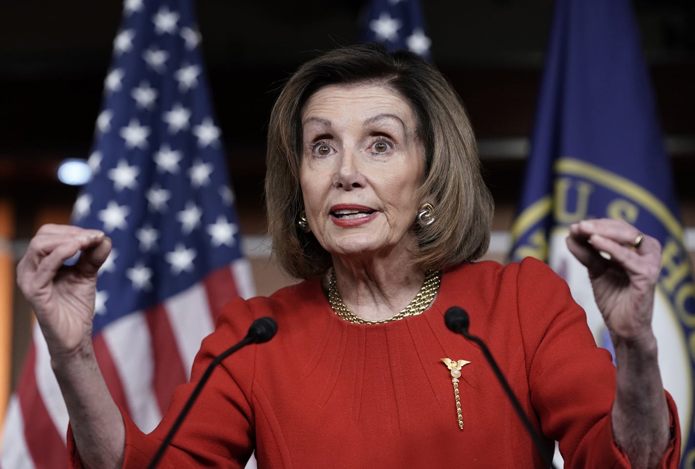 Speaker of the House Nancy Pelosi, D-Calif., meets with reporters on the morning after the House of Representatives voted to impeach President Donald Trump on charges of abuse of power and obstruction of Congress, at the Capitol in Washington, Wednesday, Dec. 18, 2019. Pelosi refused to say Wednesday when she'll send the impeachment articles against Trump to the Senate for the trial. (AP Photo/J. Scott Applewhite)