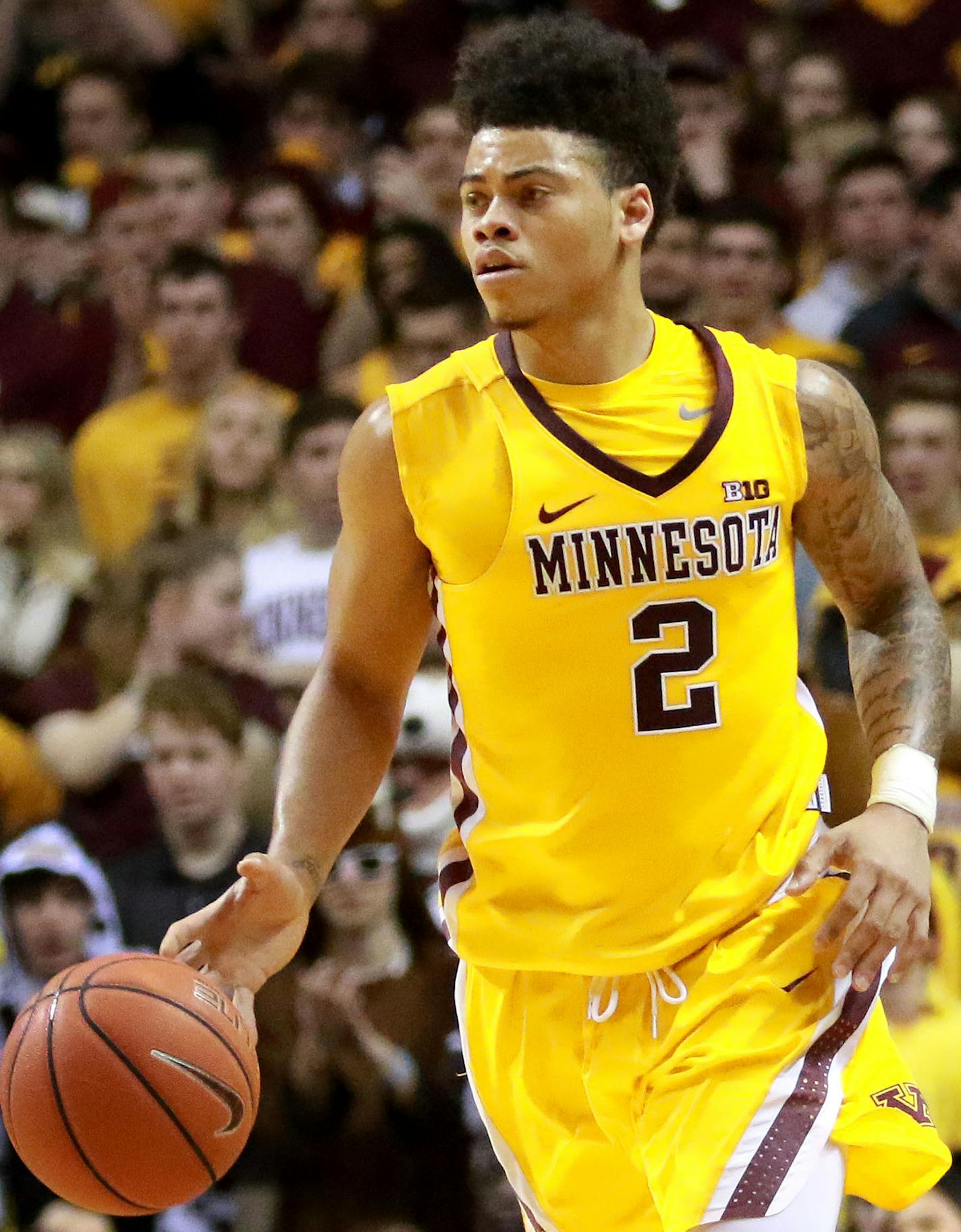 The University of Minnesota's Nate Mason (2) took the ball up court during the second half of the Gopher's 81-71 win over Penn State Saturday, Feb. 25, 2017, at Williams Arena in Minneapolis, MN.] DAVID JOLES &#xef; david.joles@startribune.com Gophers vs. Penn State, men's basketball