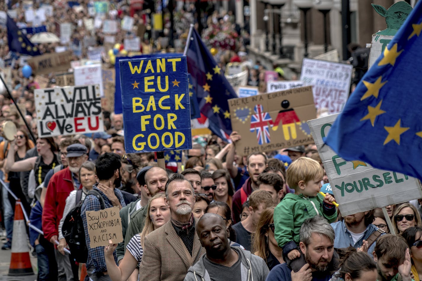 FILE -- A large demonstration of people opposed to Britain's exit from the European Union, known as Brexit, in London, July 2, 2016. Representatives of the the European Union's member states are about to gather in Bratislava for talks, described as "informal," about Britain's exit from the bloc, defense issues and migration. (Andrew Testa/The New York Times)