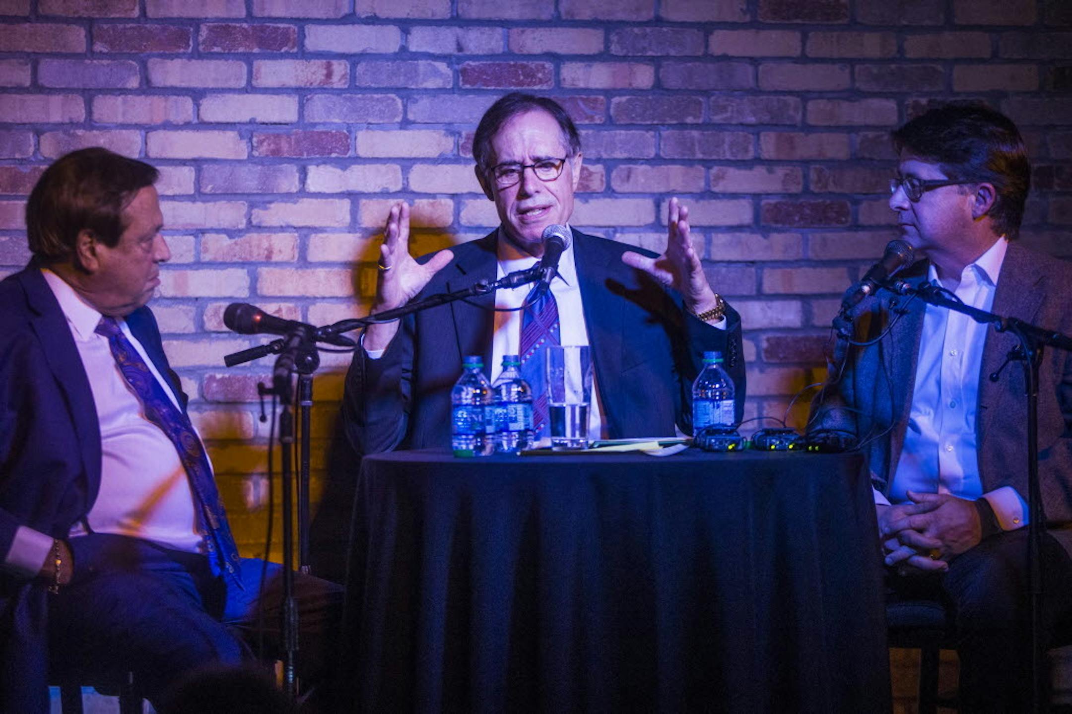 Twin Cities attorneys Joe Friedberg and Ron Rosenbaum, center, joined Dean Strang for a discussion at Sisyphus Brewing in Minneapolis on Jan. 27, 2016.