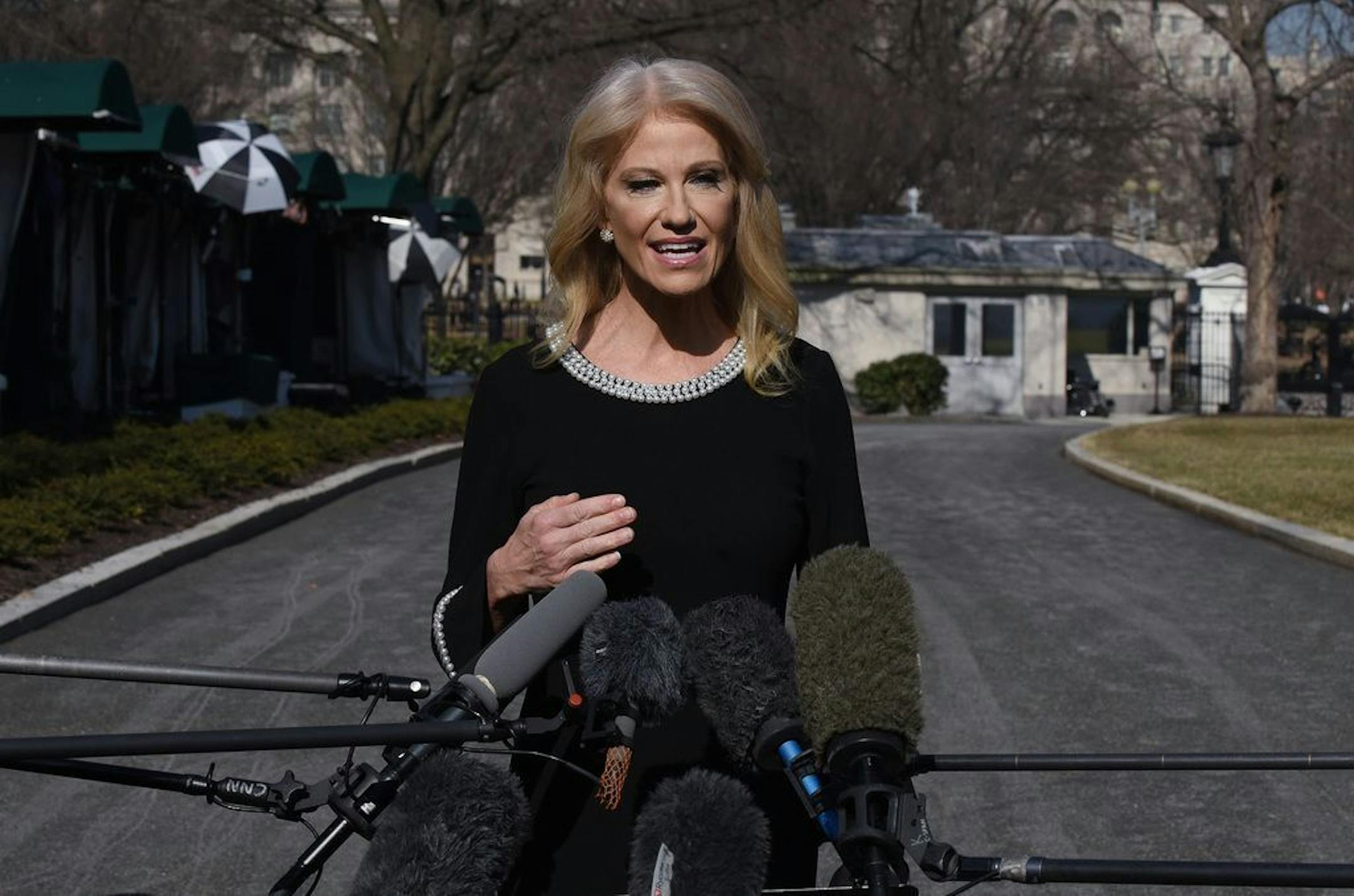 Kellyanne Conway, White House counselor to President Donald Trump, speaks to reporters on Monday, February 4, 2019 outside the West Wing of the White House in Washington, D.C.