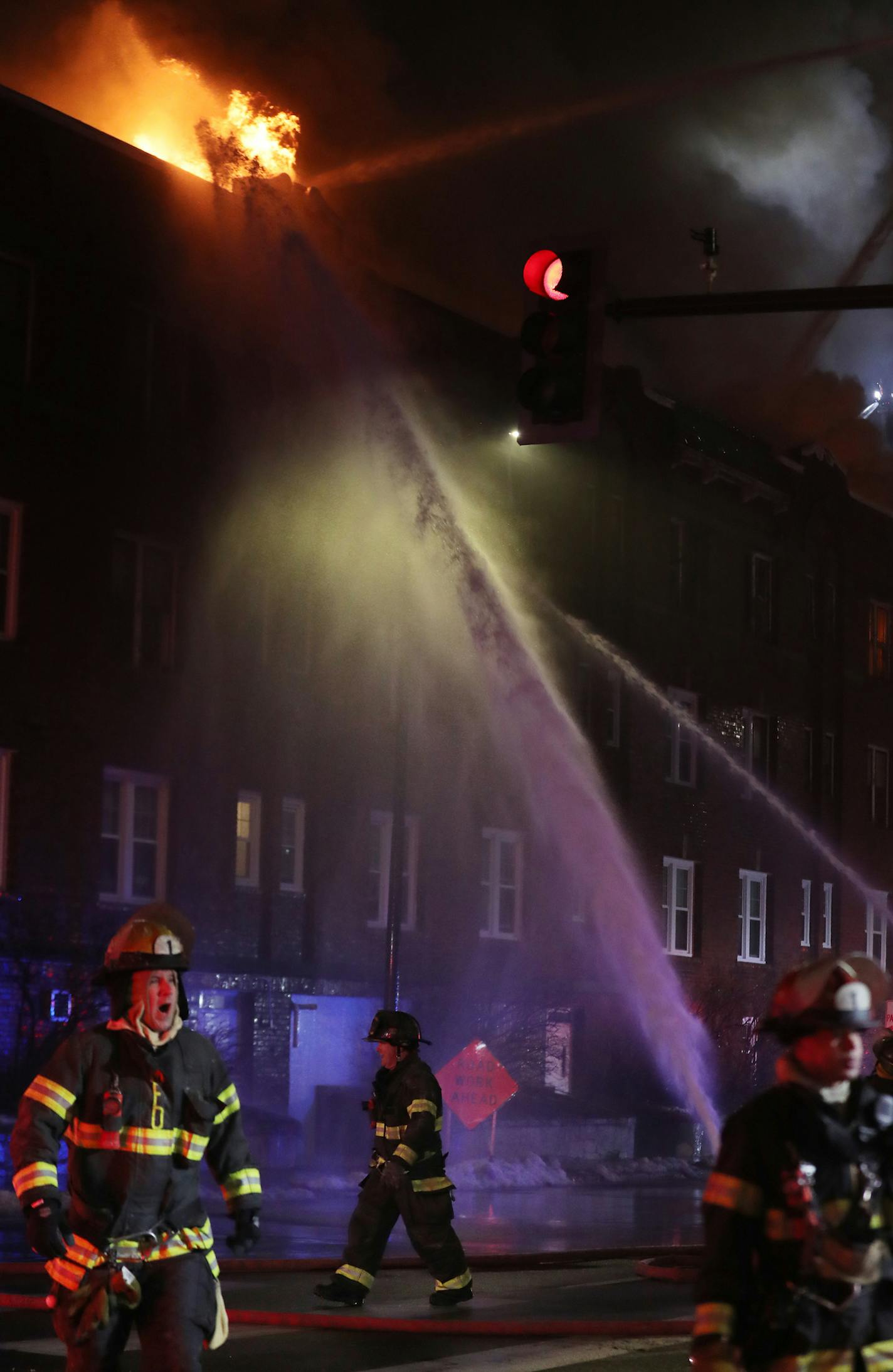 Firefighters battle a four-alarm fire at the Francis Drake Hotel apartments that broke out early Christmas Day morning Wednesday, Dec. 25, 2019, in Minneapolis MN.] DAVID JOLES &#x2022; david.joles@startribune.com Early morning fire at Francis Drake Hotel apartments where all were evacuated an currently 2 injured.