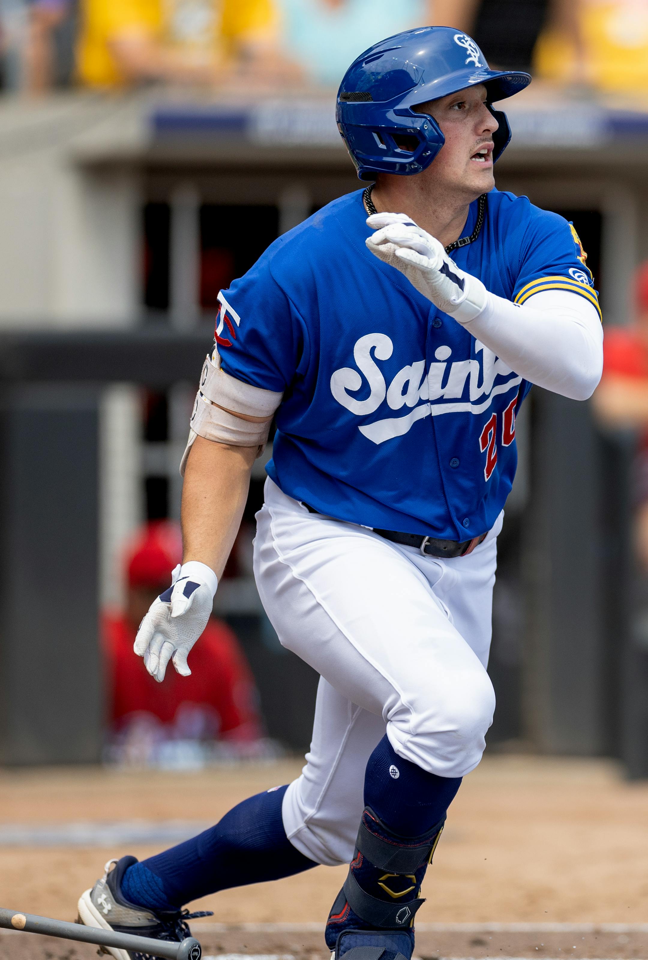 St. Paul Saints infielder Brooks Lee hits an RBI single Wednesday, August 9, 2023, at CHS Field in St. Paul, Minn.