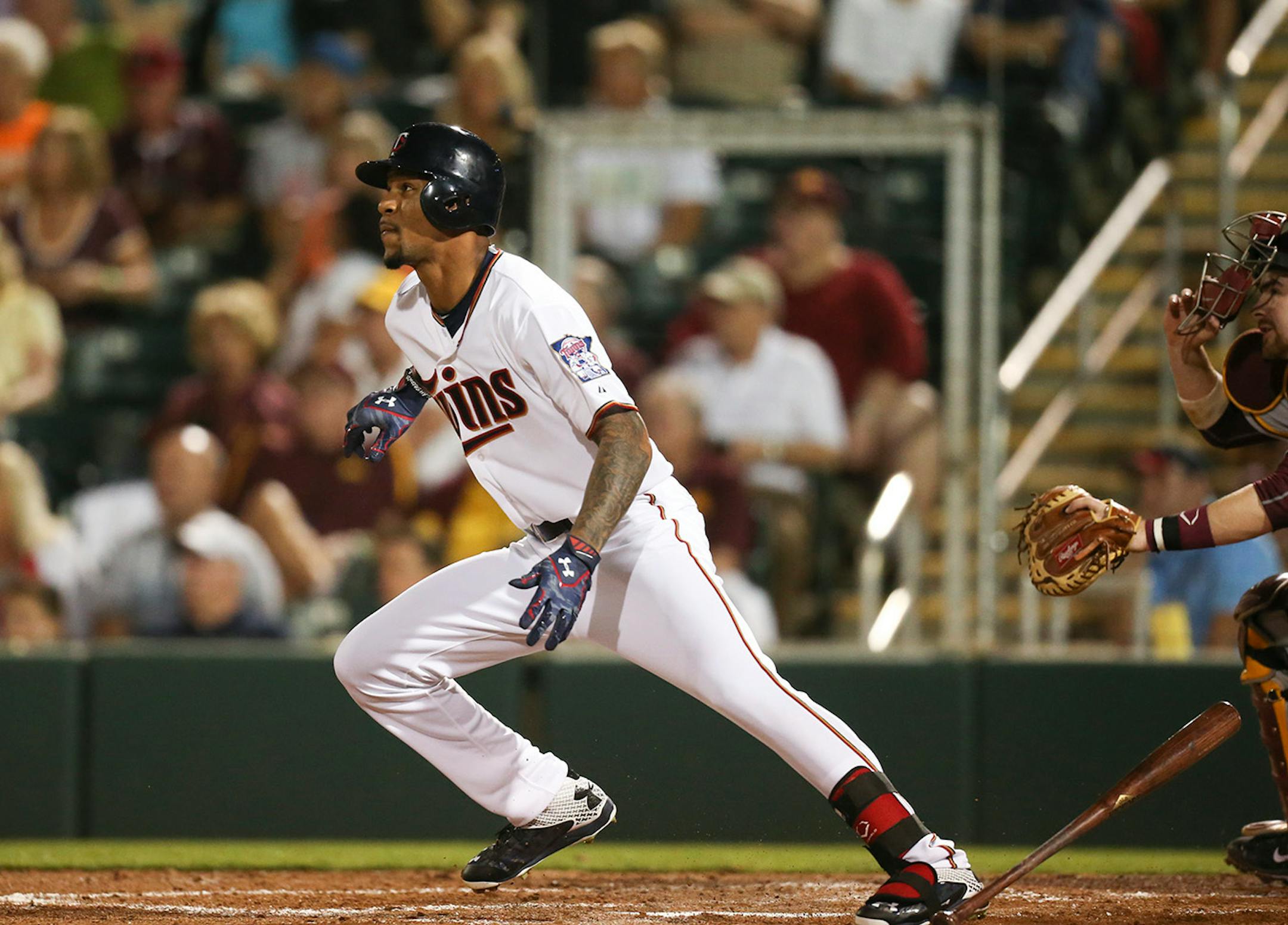 Twins leadoff hitter Byron Buxton watched the first of his two doubles in his first at bat against the Gophers Wednesday night at Hammond Stadium.