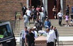 Pall bearers carry the casket of Thurman Blevins from the church to the hearse after funeral services for Blevins Saturday, July 14, 2018, at Faith De