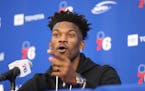 Jimmy Butler responded to a question during his introductory news conference Tuesday at the Philadelphia 76ers' practice facility in Camden, N.J.
