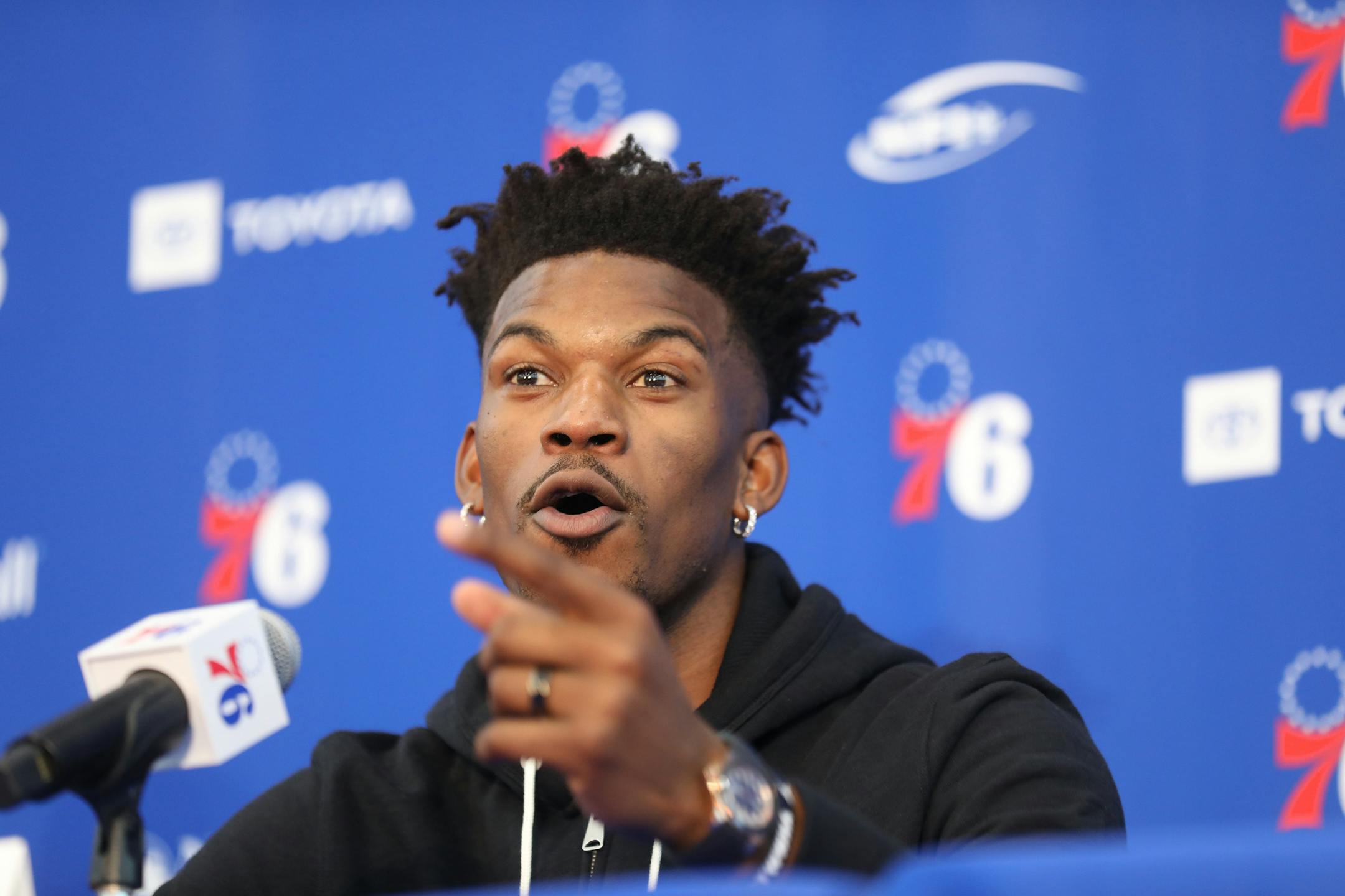 Jimmy Butler responded to a question during his introductory news conference Tuesday at the Philadelphia 76ers' practice facility in Camden, N.J.