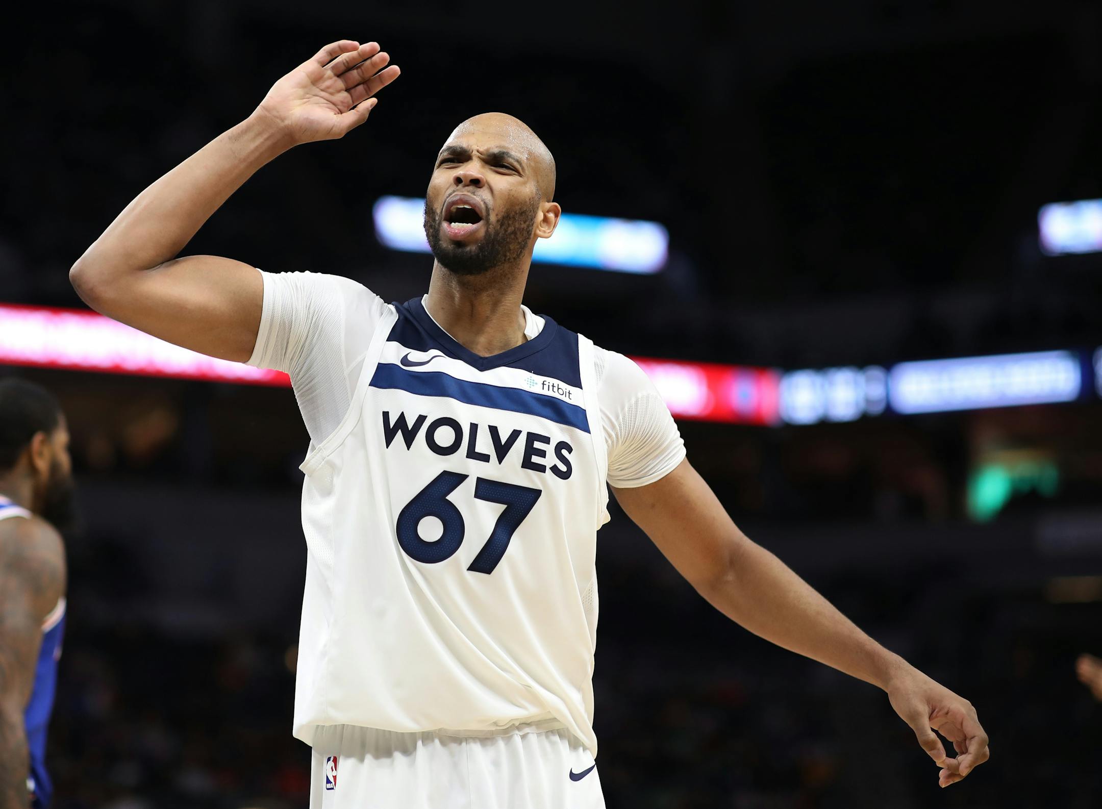 Minnesota Timberwolves forward Taj Gibson (67) reacted after being called for a foul during NBA action at Target Center Tuesday December 12, 2017 in Minneapolis, MN.] The Minnesota Timberwolves hosted the Philadelphia 76ers at Target Center. JERRY HOLT � jerry.holt@startribune.com