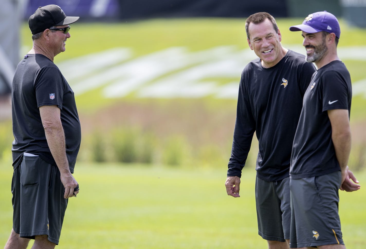 Vikings head coach Mike Zimmer assistant head coach and offensive advisor Gary Kubiak and offensive coordinator Kevin Stefanski.