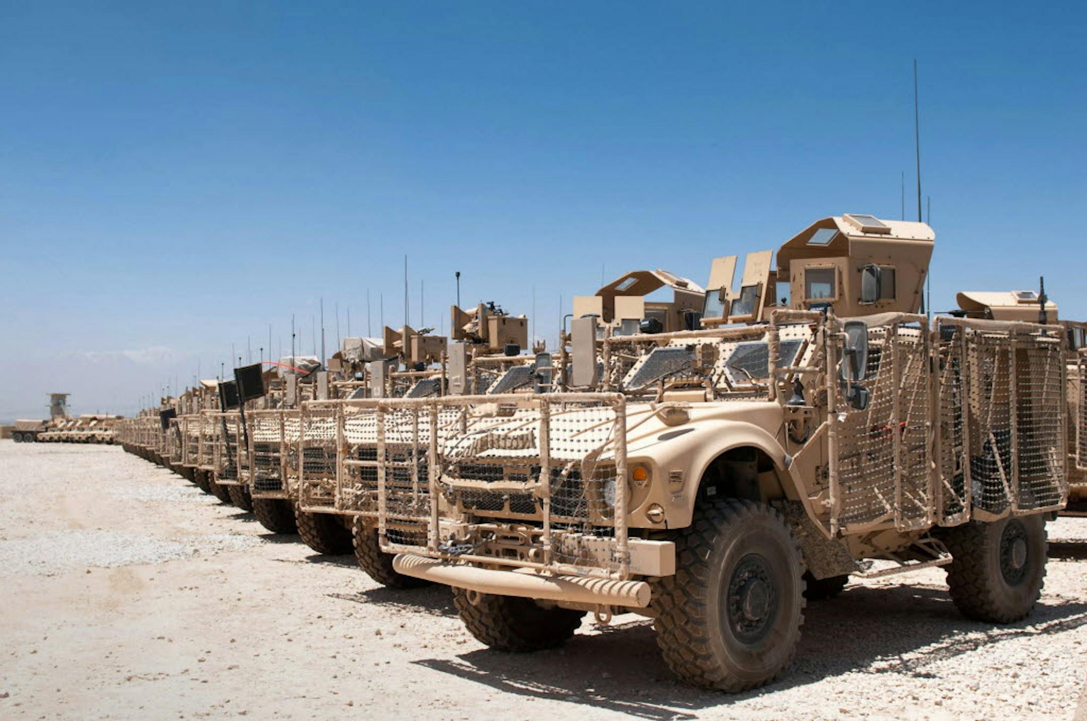 U.S. military vehicles sit in a yard ready to be shipped back to the United Statesat the Kandahar Air Field south of Kabul, Afghanistan.