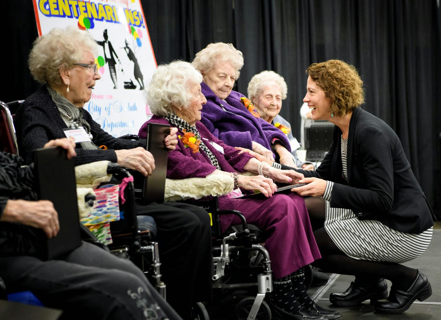 In October, Mayor Emily Larson stopped by a birthday party for centenarians at the Duluth Entertainment Convention Center.