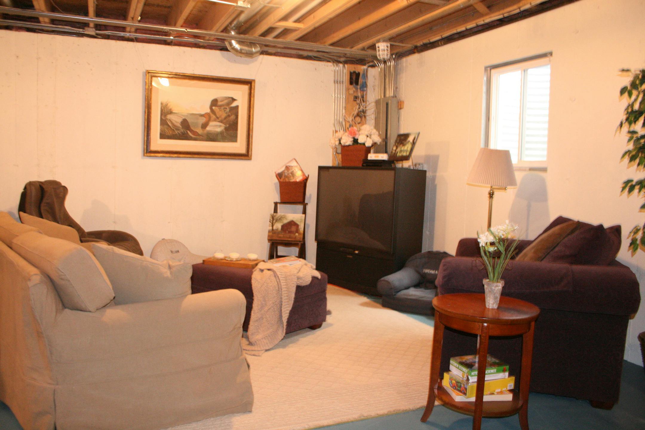 An unfinished basement is made to feel comfy and cozy by creating a lounge area. (Design Recipes) ORG XMIT: 1229444