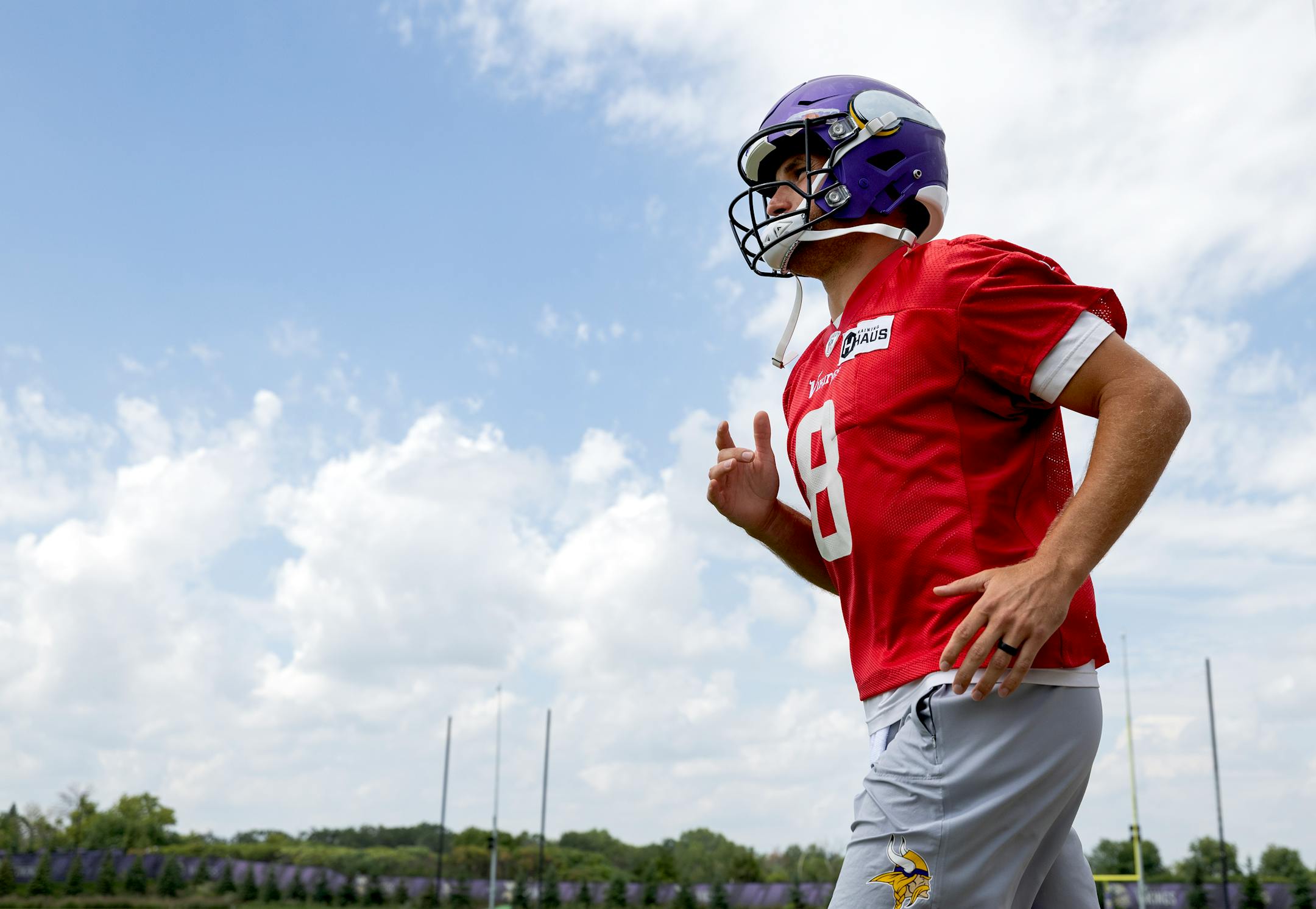 Minnesota Vikings quarterback Kirk Cousins (8) walked out for practice Thursday, July 27, 2023, at TCO Performance Center in Eagan, Minn.