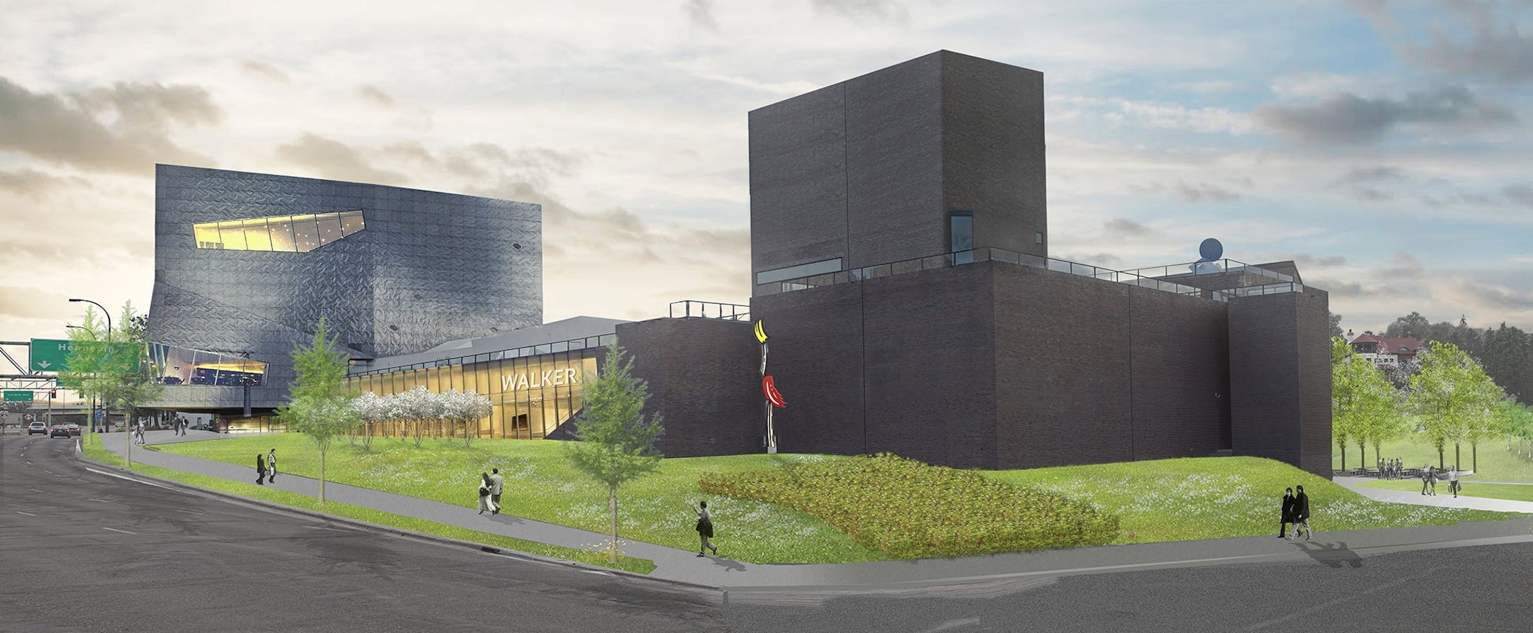 Concrete plazas and granite patios on the east side of the Walker building will be replaced by sidewalks, lawns and grassy berms between the building and Hennepin Av.