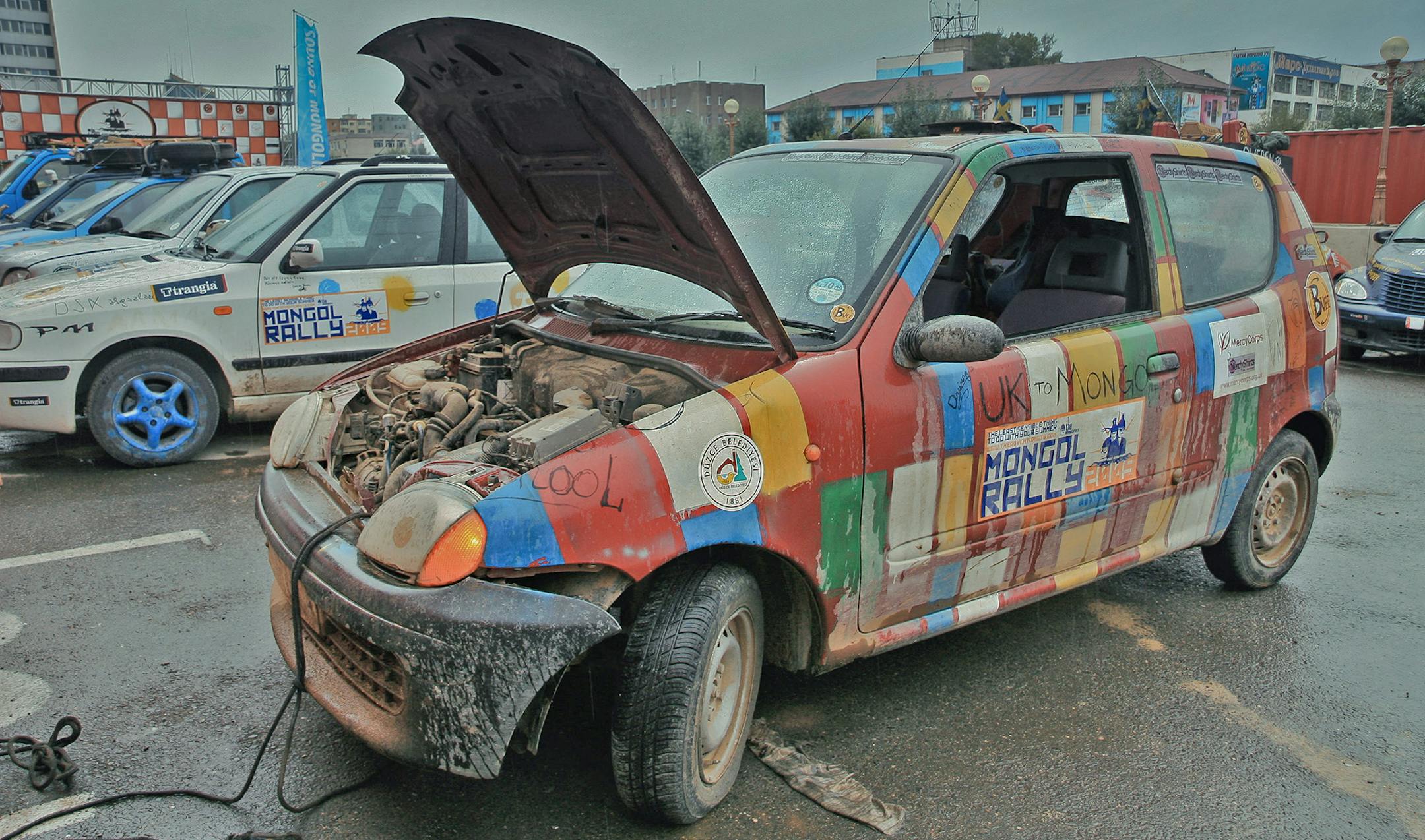 Dead on arrival: The Fiat piloted by a Twin Cities man and his partner made it from England to Mongolia, but had to arrive in reverse gear ó the only gear still workable in the vehicle's transmission.